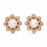 18k Yellow & White Gold South Sea Pearl Diamond and Ruby Statement Earrings