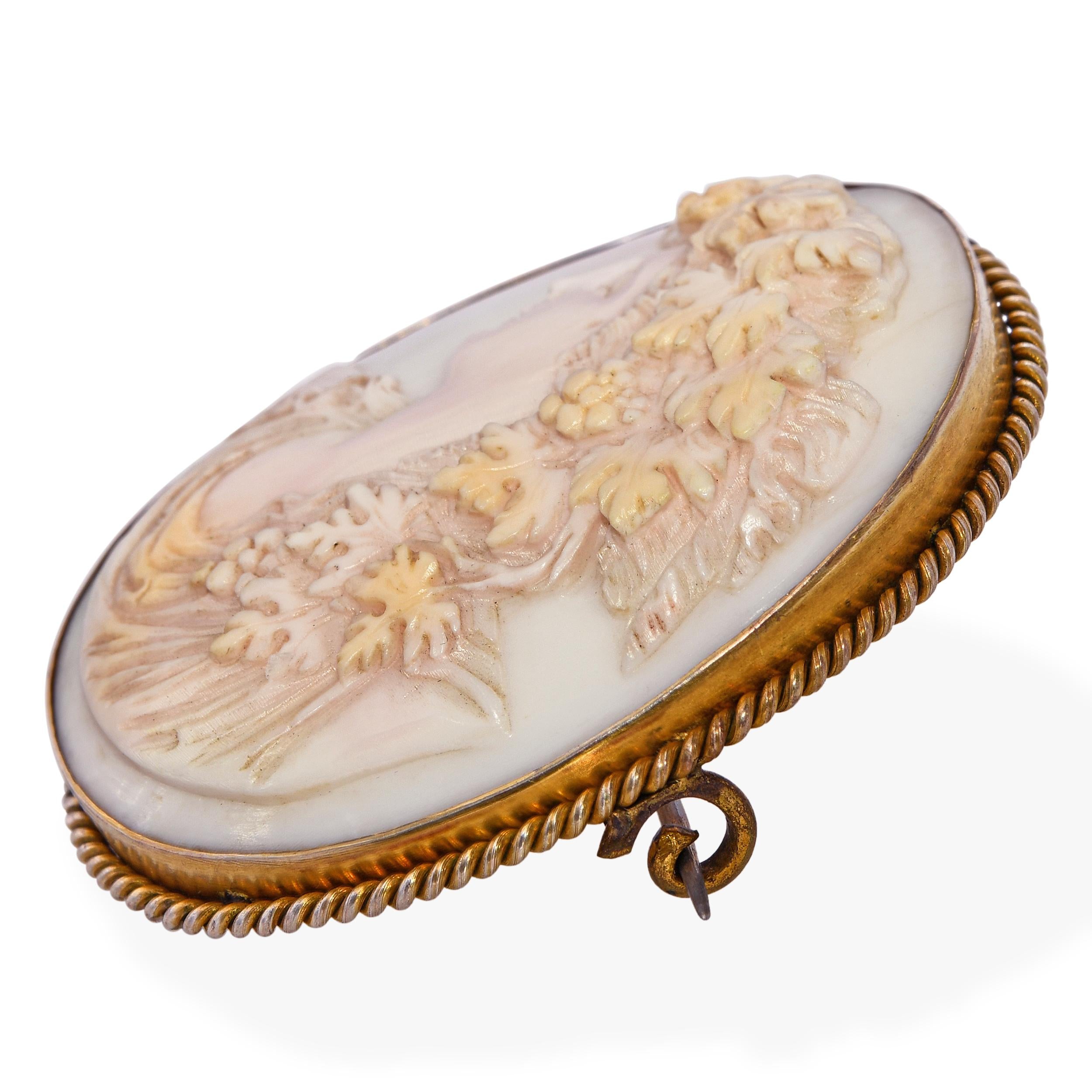 Antique Gold Filled Pink Conch Shell Cameo Bacchante Brooch