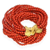 Vintage 19k Yellow Gold Red Coral Beaded Multi-Strand Necklace