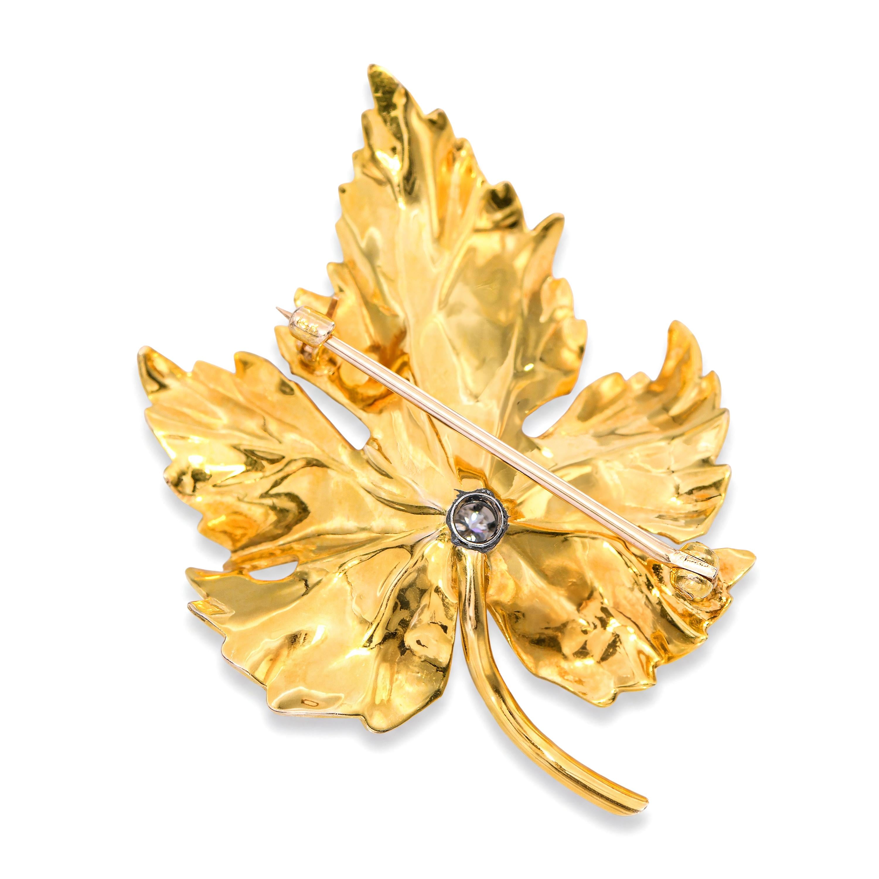 Vintage 14k Yellow Gold and Old Mine Diamond Maple Leaf Brooch