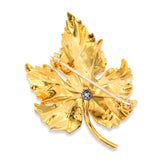 Vintage 14k Yellow Gold and Old Mine Diamond Maple Leaf Brooch