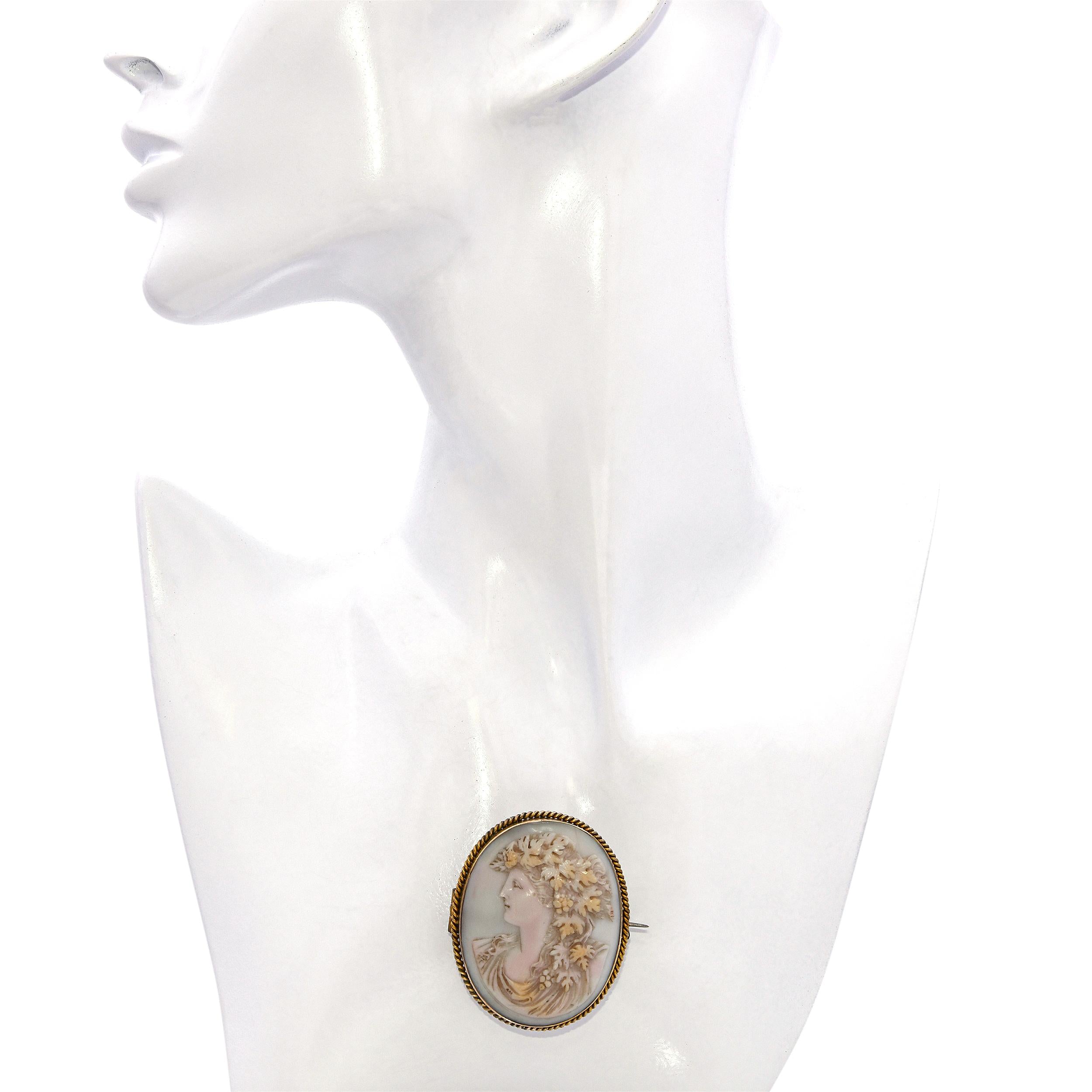 Antique Gold Filled Pink Conch Shell Cameo Bacchante Brooch