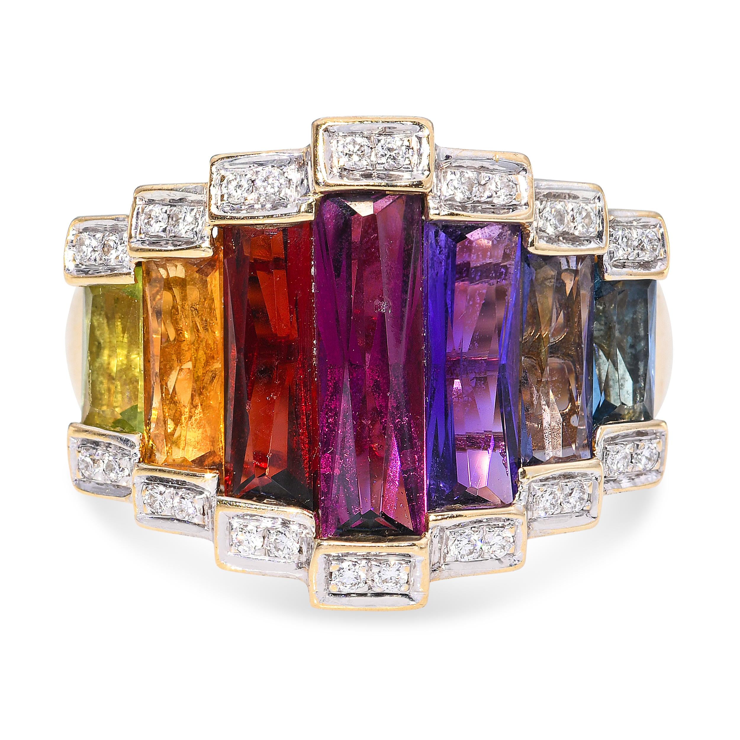 Bellarri 18k Yellow Gold Assorted Multicolor Gem and Diamond Statement Ring