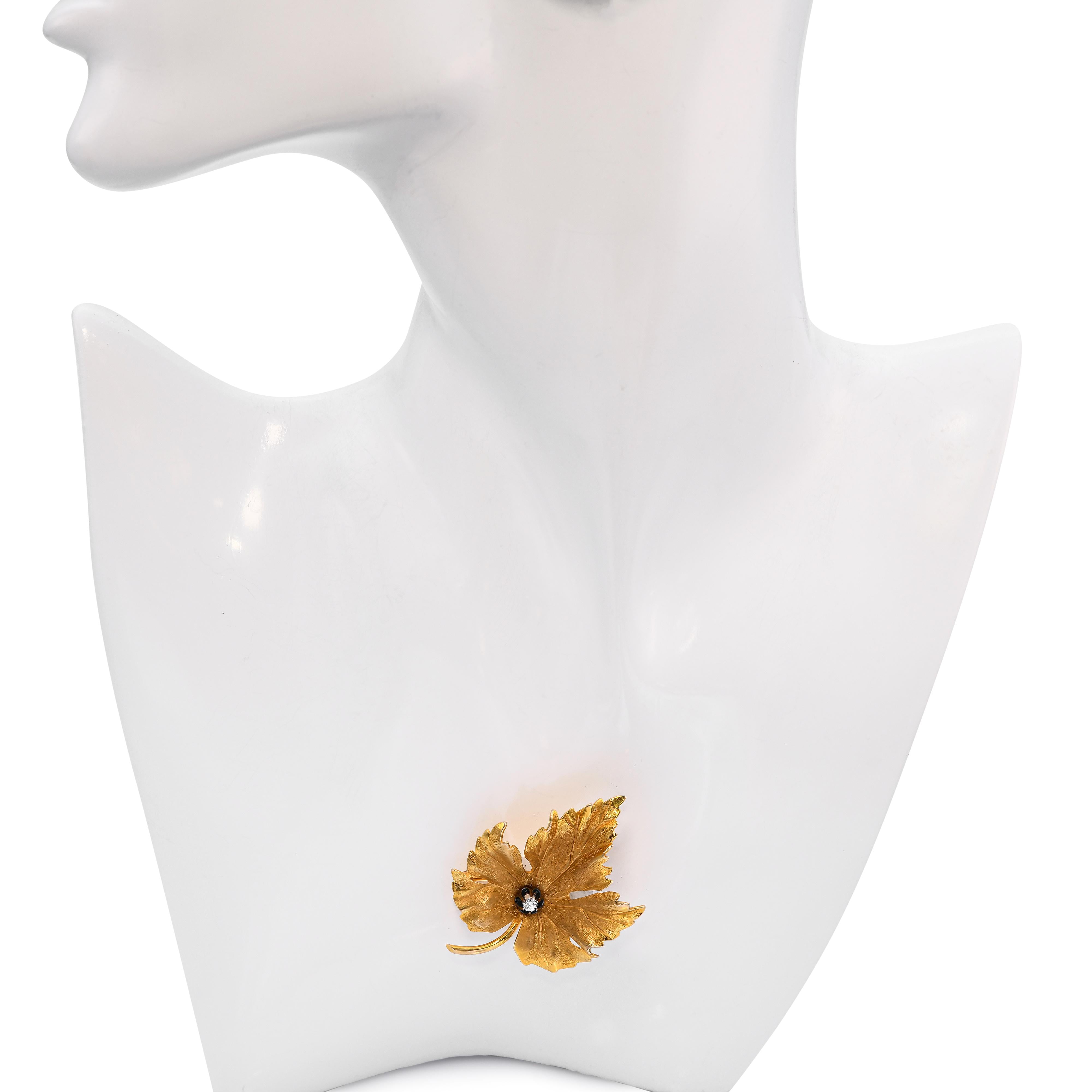 Vintage 14k Yellow Gold and Old Mine Diamond Maple Leaf Brooch
