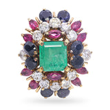 Vintage 18k Yellow Gold Emerald, Diamond, Sapphire, and Ruby Cluster Ring