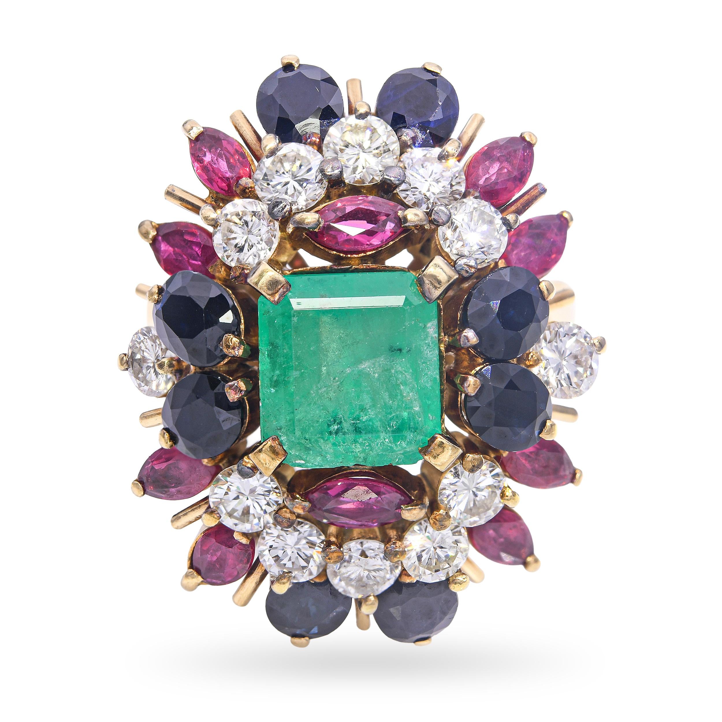Vintage 18k Yellow Gold Emerald, Diamond, Sapphire, and Ruby Cluster Ring