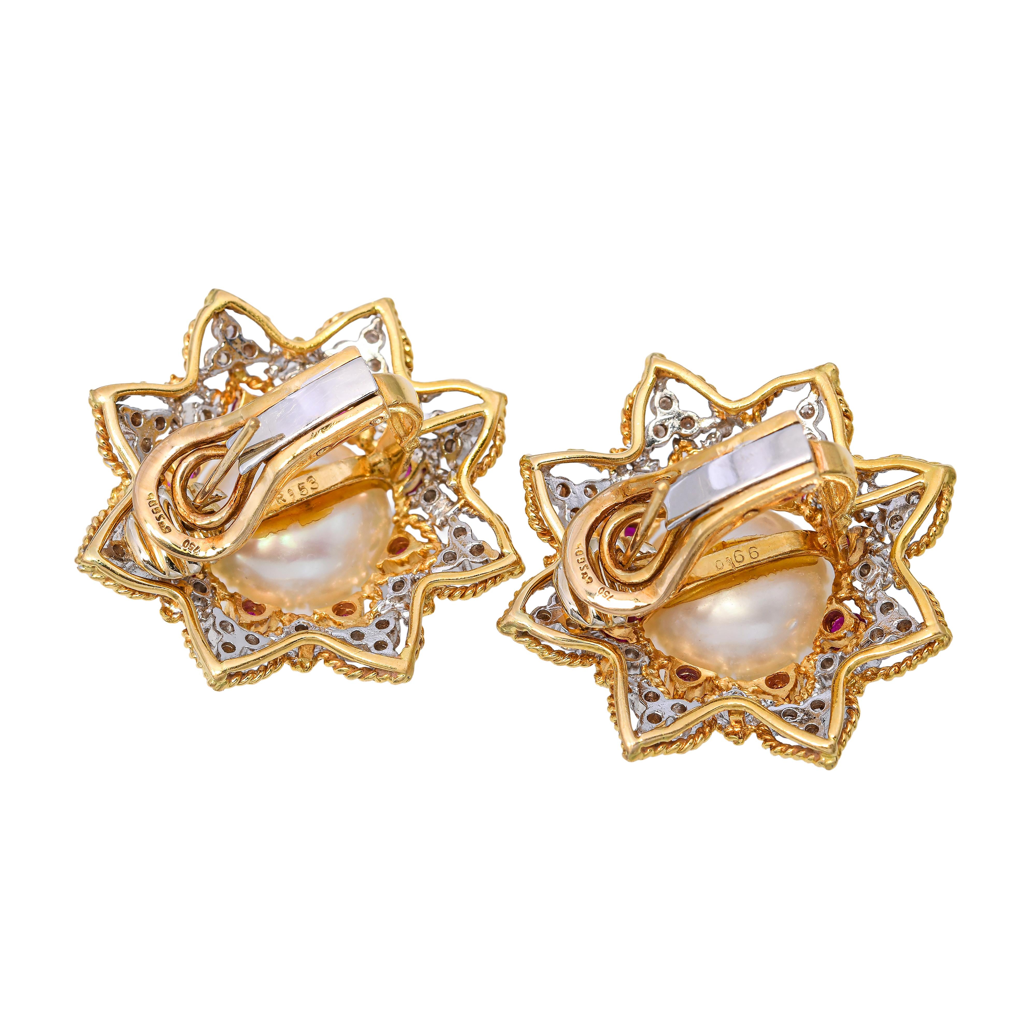 18k Yellow & White Gold South Sea Pearl Diamond and Ruby Statement Earrings