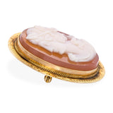 Antique Victorian 14k Yellow Gold Lady with Ornaments Hardstone Cameo Brooch