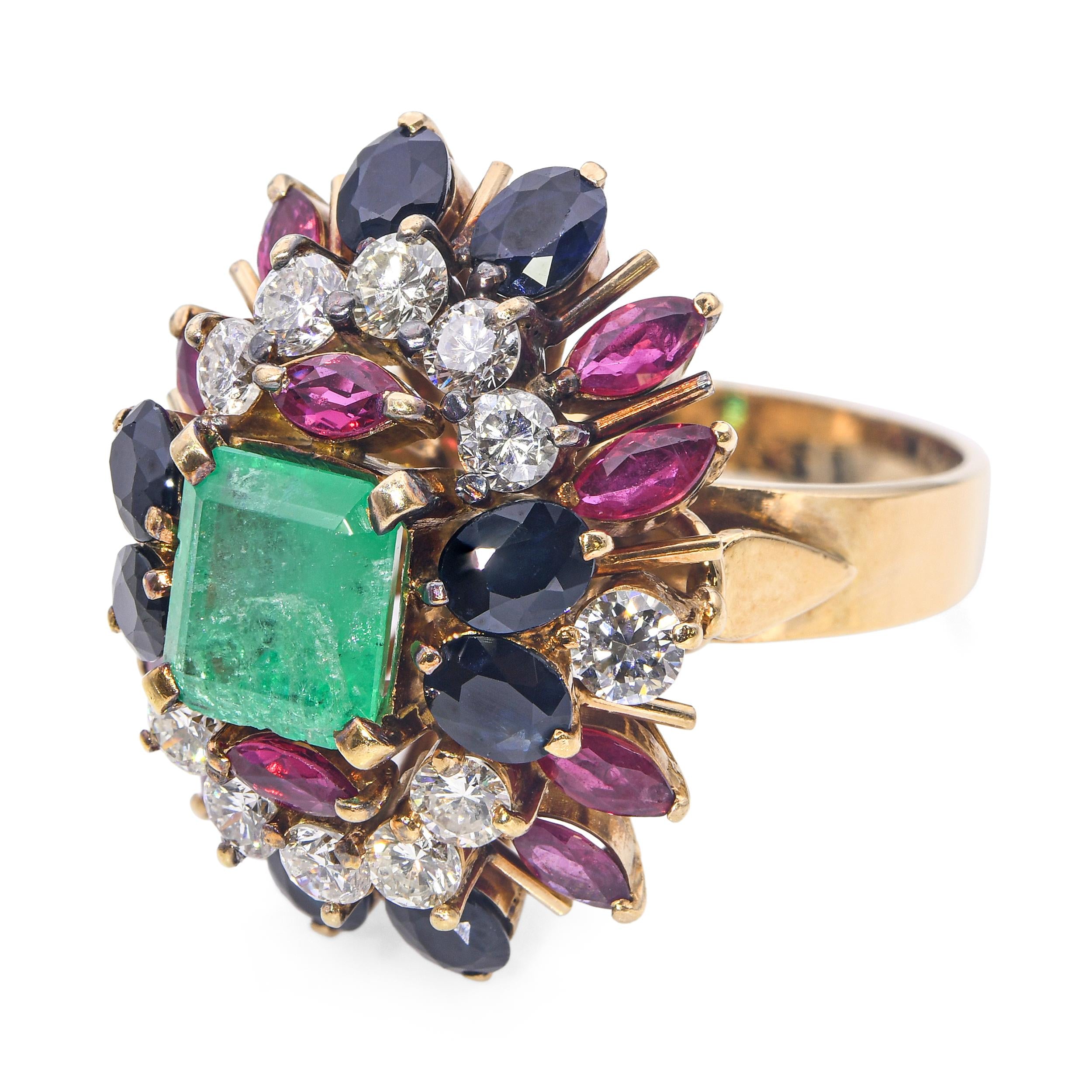 Vintage 18k Yellow Gold Emerald, Diamond, Sapphire, and Ruby Cluster Ring