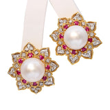18k Yellow & White Gold South Sea Pearl Diamond and Ruby Statement Earrings