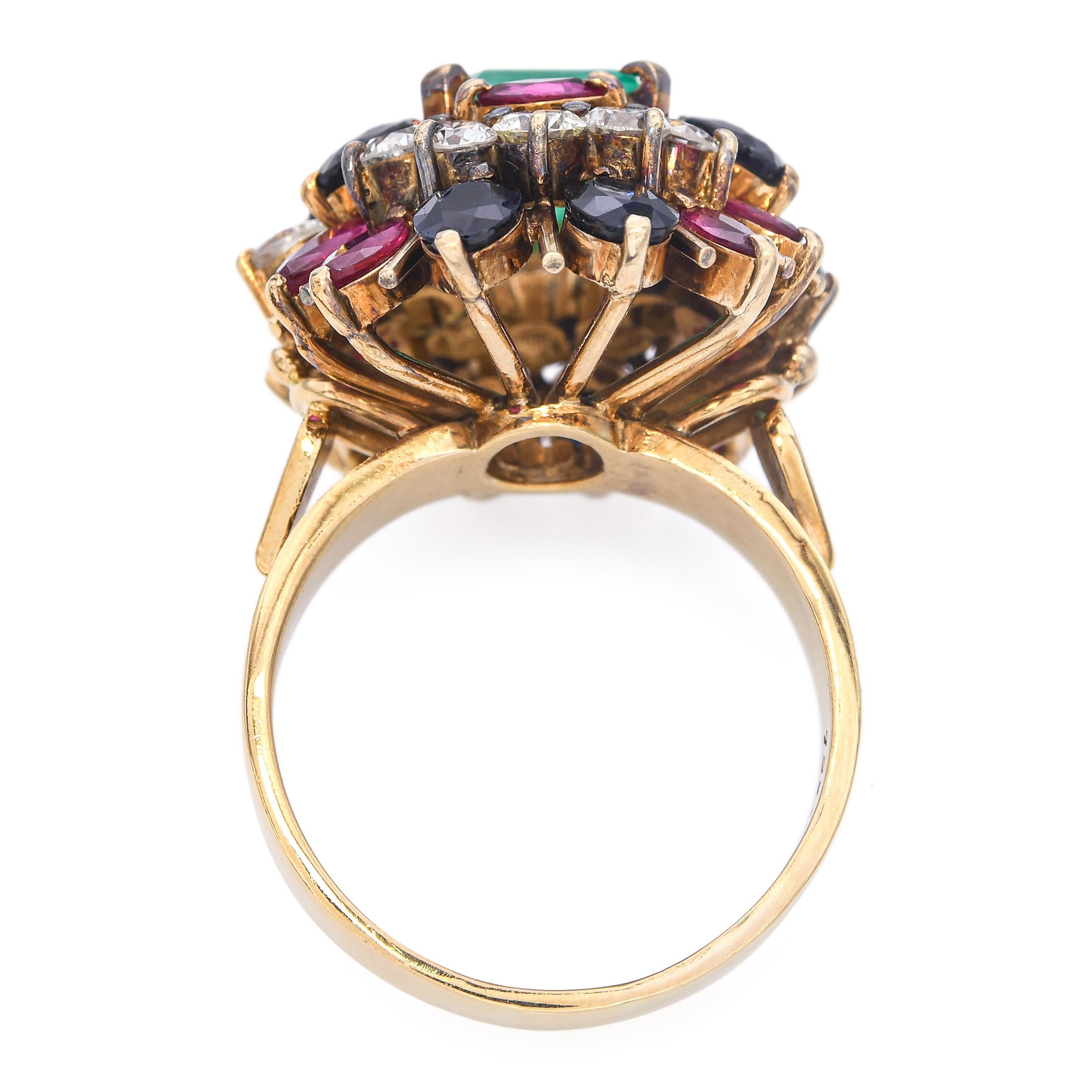 Vintage 18k Yellow Gold Emerald, Diamond, Sapphire, and Ruby Cluster Ring