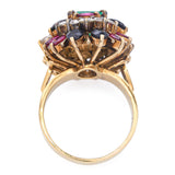 Vintage 18k Yellow Gold Emerald, Diamond, Sapphire, and Ruby Cluster Ring