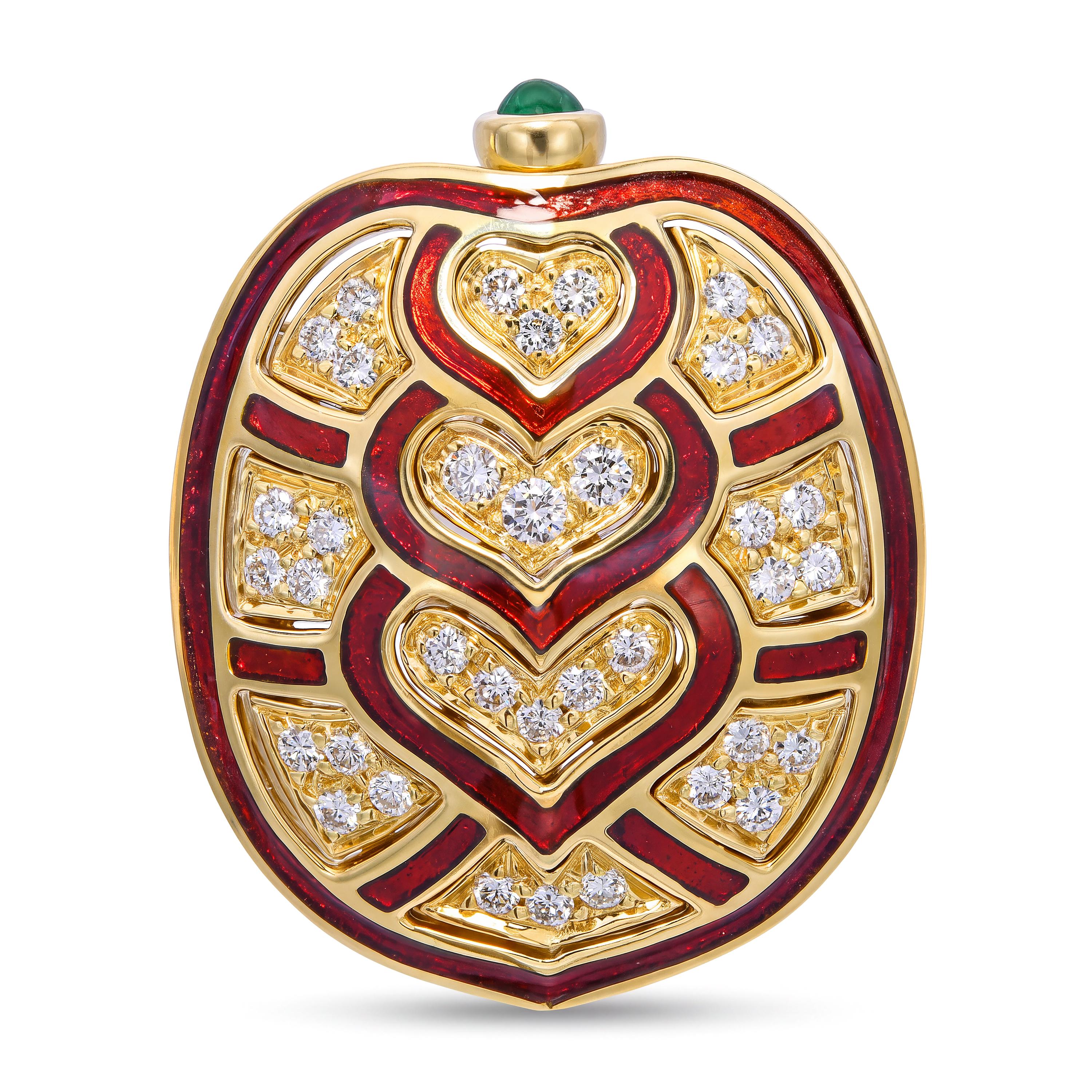 Judith Leiber 18k Yellow Gold Red Enamel and Diamond Turtle Brooch