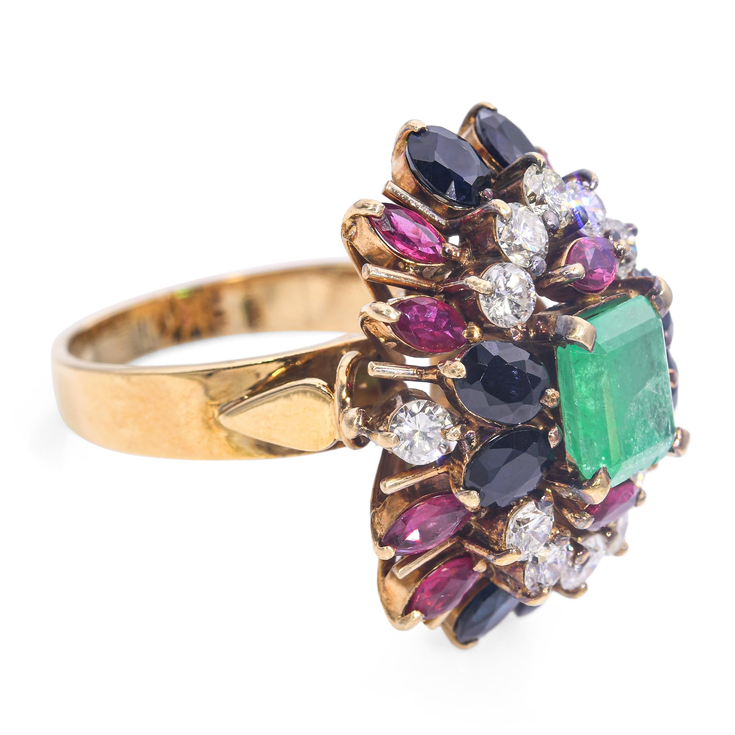 Vintage 18k Yellow Gold Emerald, Diamond, Sapphire, and Ruby Cluster Ring