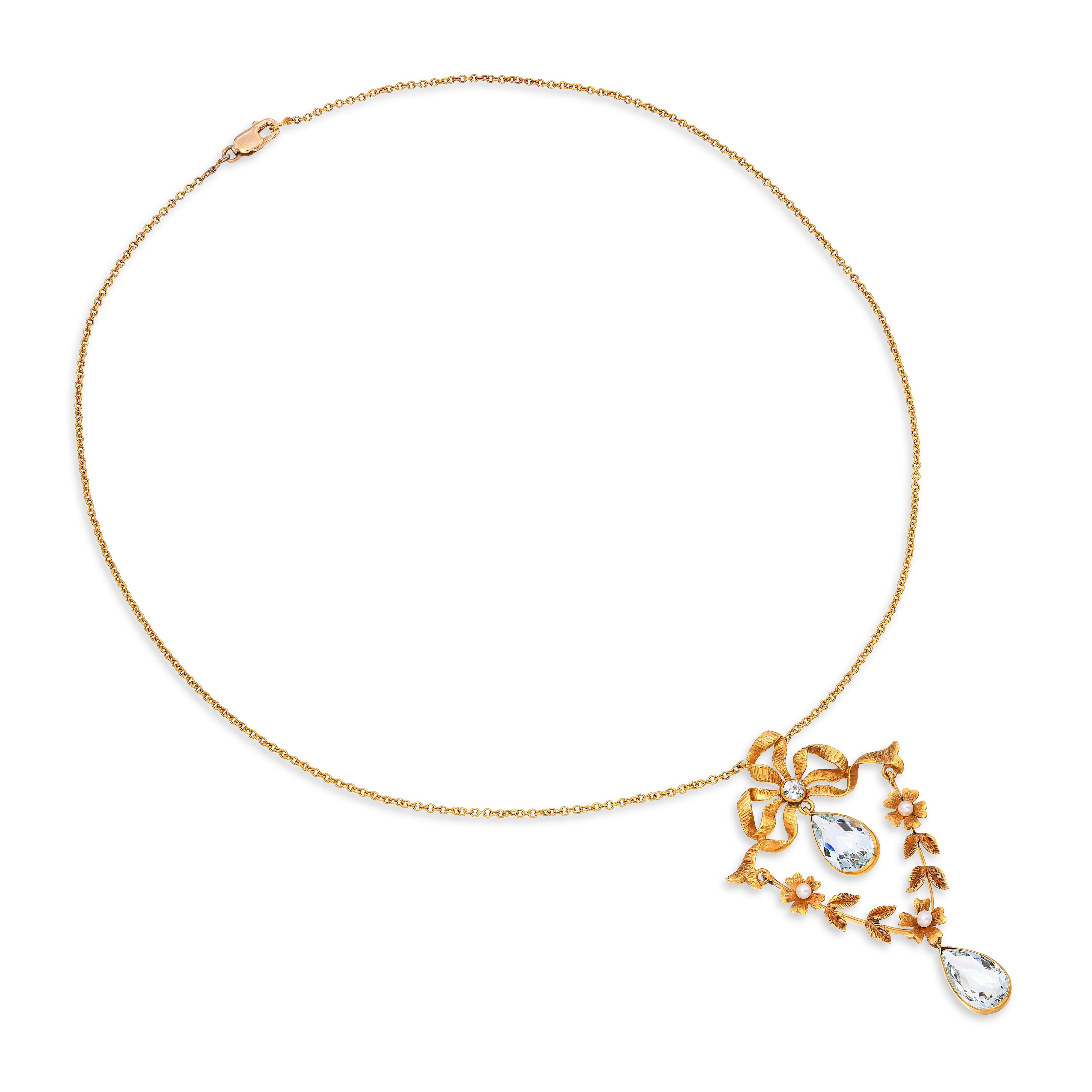 Antique Art Nouveau 14k Yellow Gold Topaz Pearl and Diamond Bow Detail Necklace