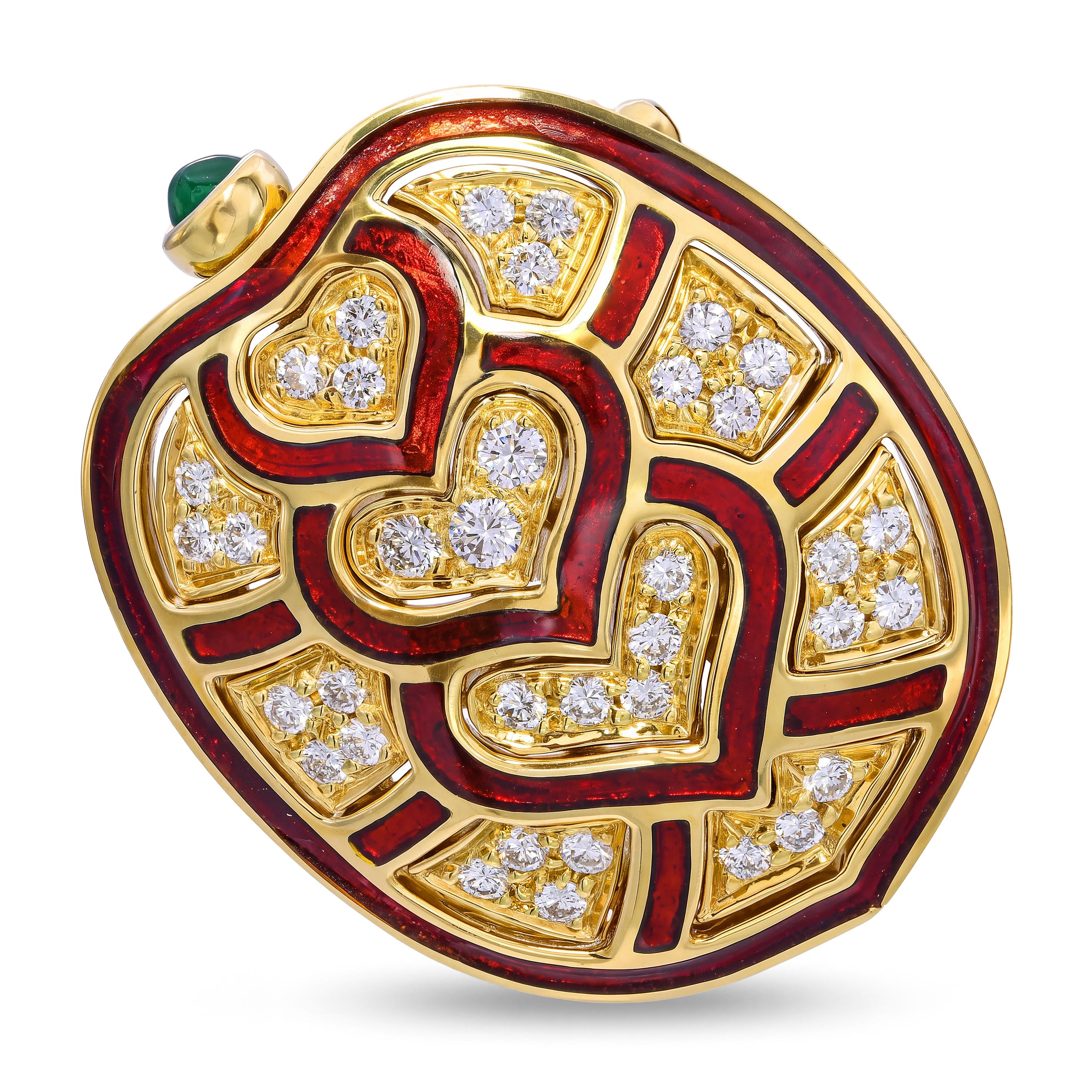 Judith Leiber 18k Yellow Gold Red Enamel and Diamond Turtle Brooch