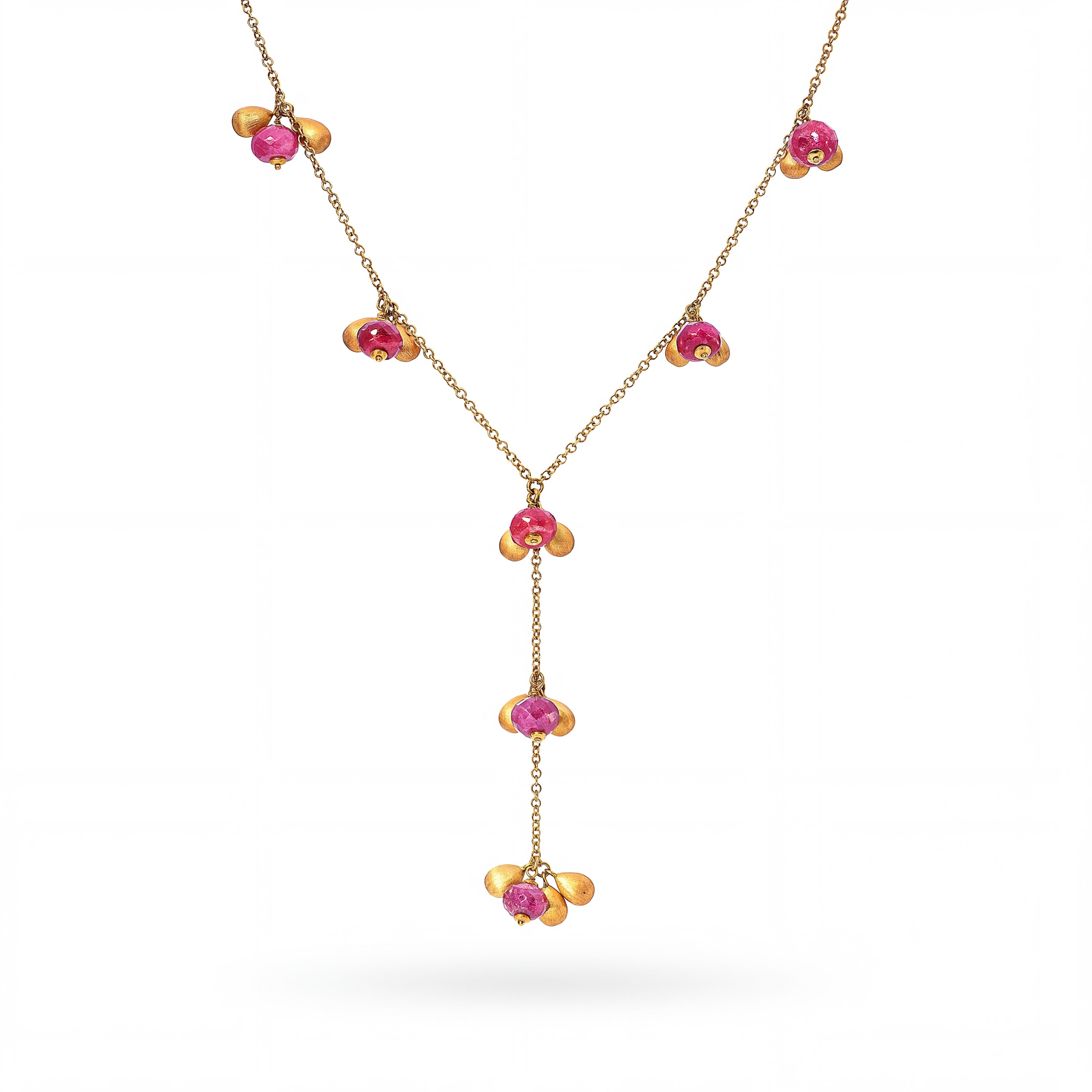 Italian 18k Yellow Gold Ruby and Gold Bead Drop Necklace