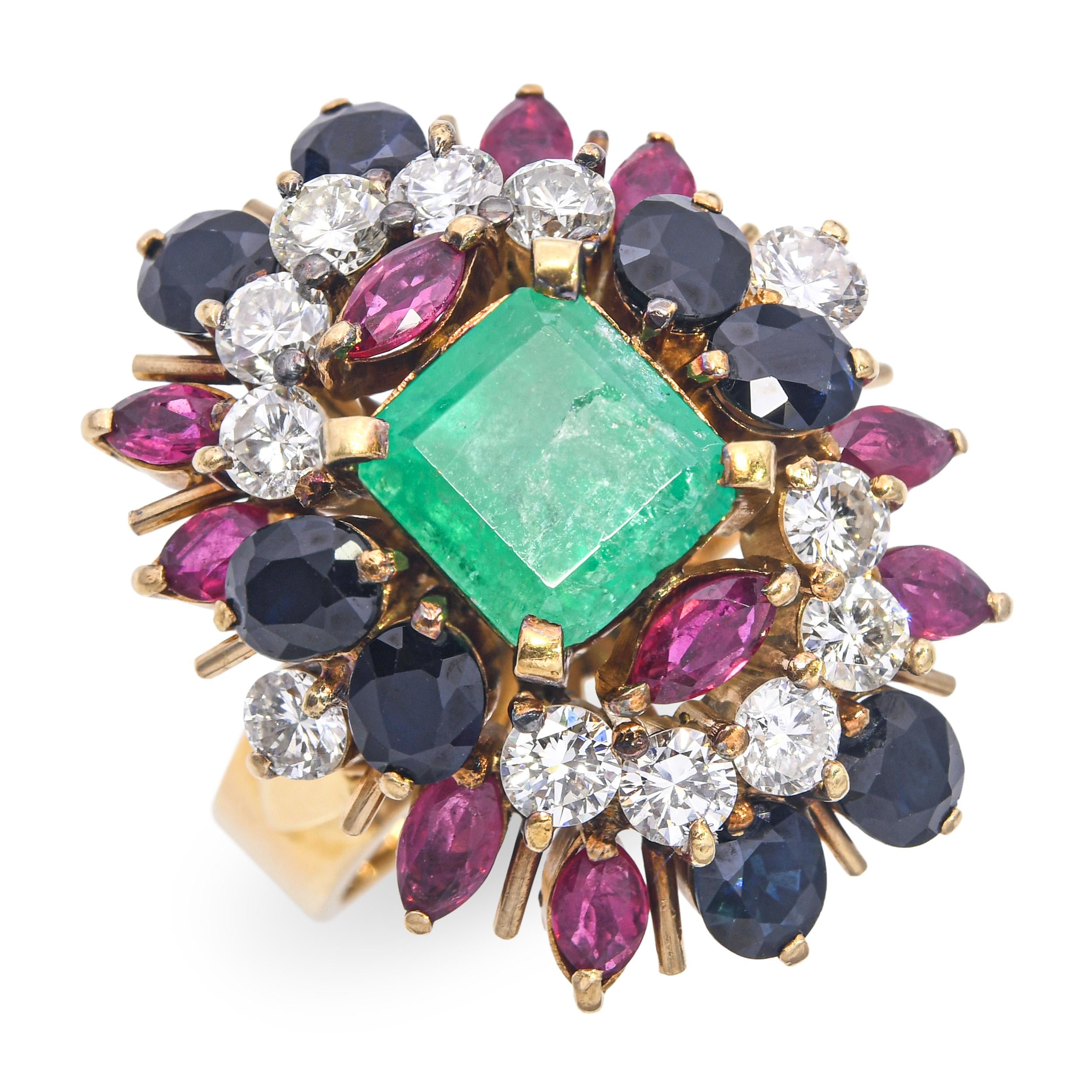 Vintage 18k Yellow Gold Emerald, Diamond, Sapphire, and Ruby Cluster Ring