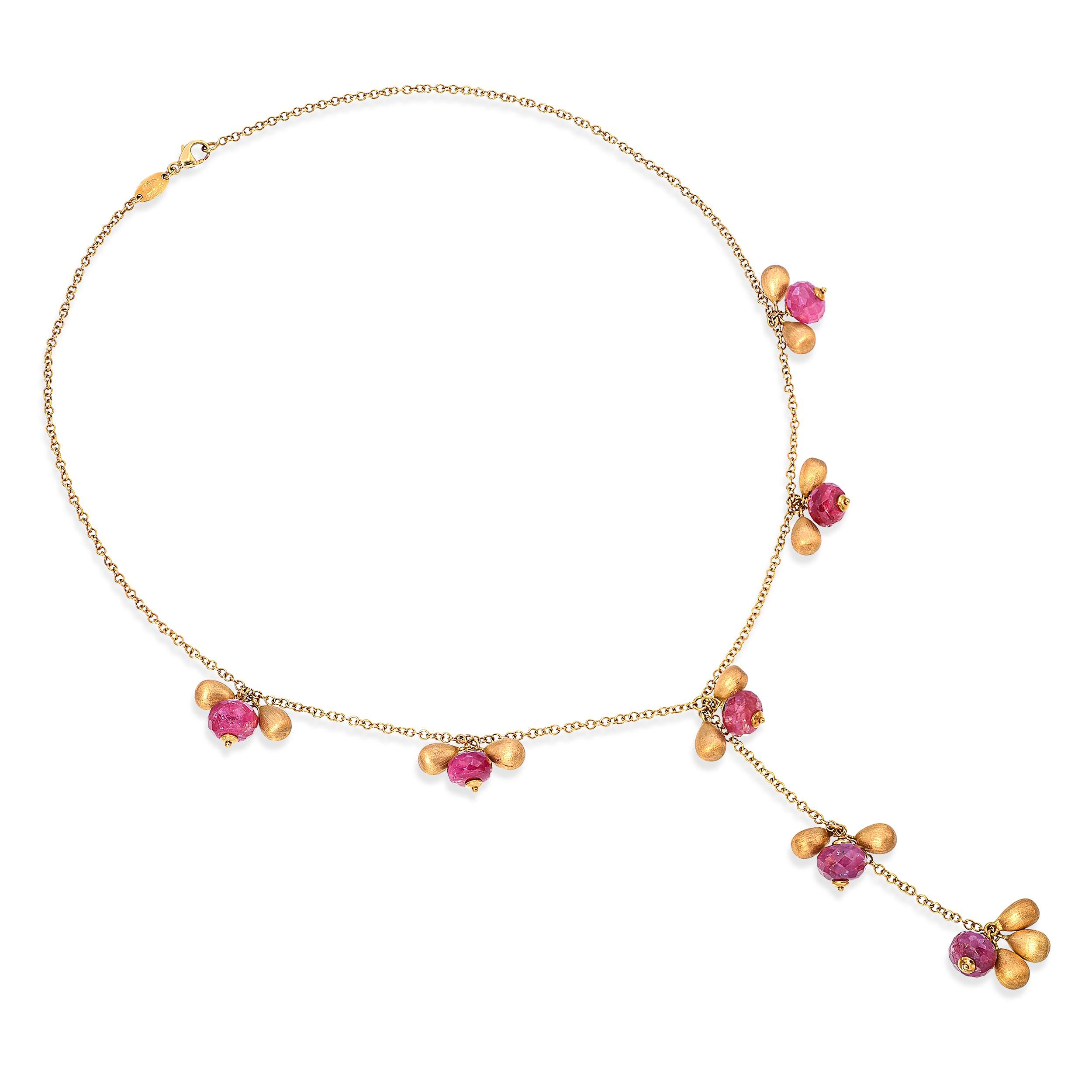 Italian 18k Yellow Gold Ruby and Gold Bead Drop Necklace