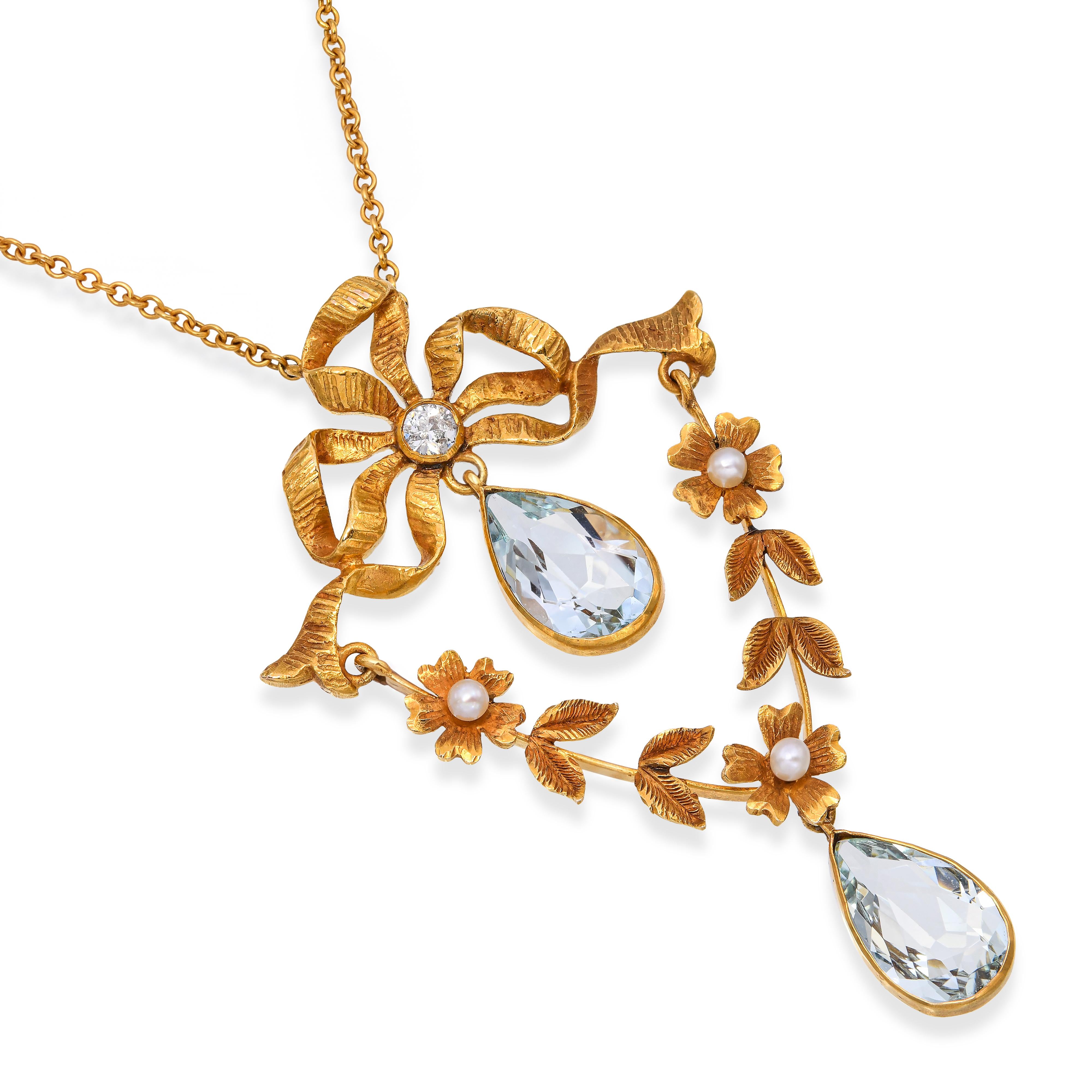 Antique Art Nouveau 14k Yellow Gold Topaz Pearl and Diamond Bow Detail Necklace
