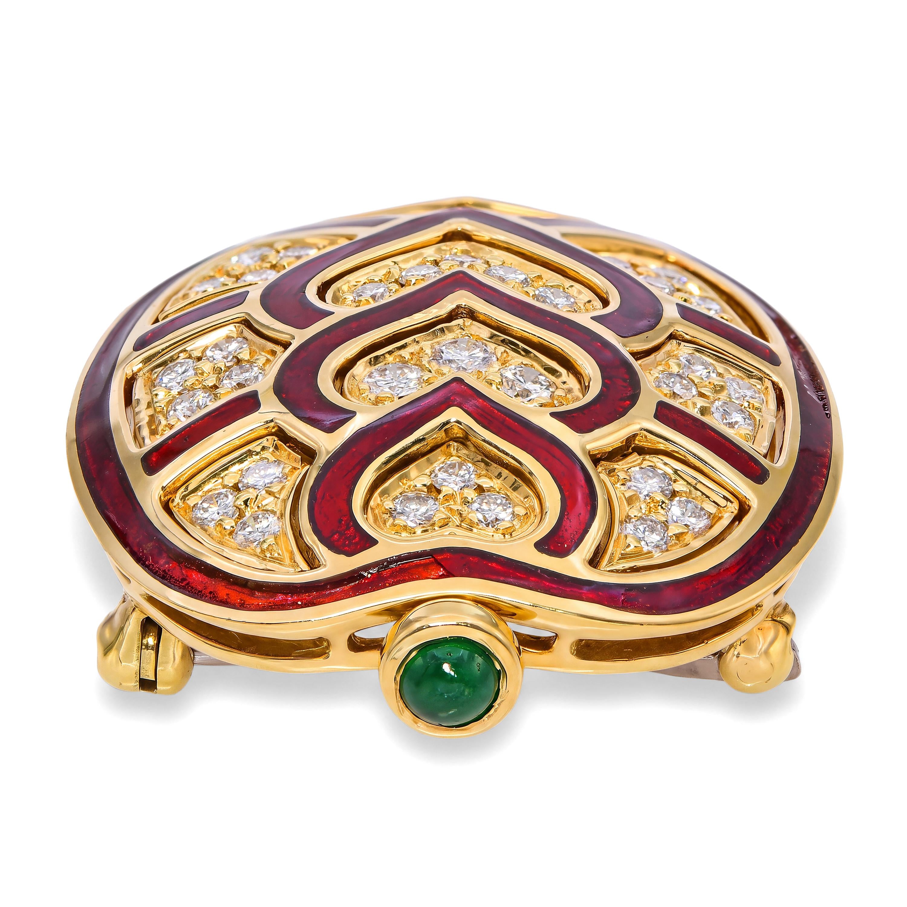 Judith Leiber 18k Yellow Gold Red Enamel and Diamond Turtle Brooch