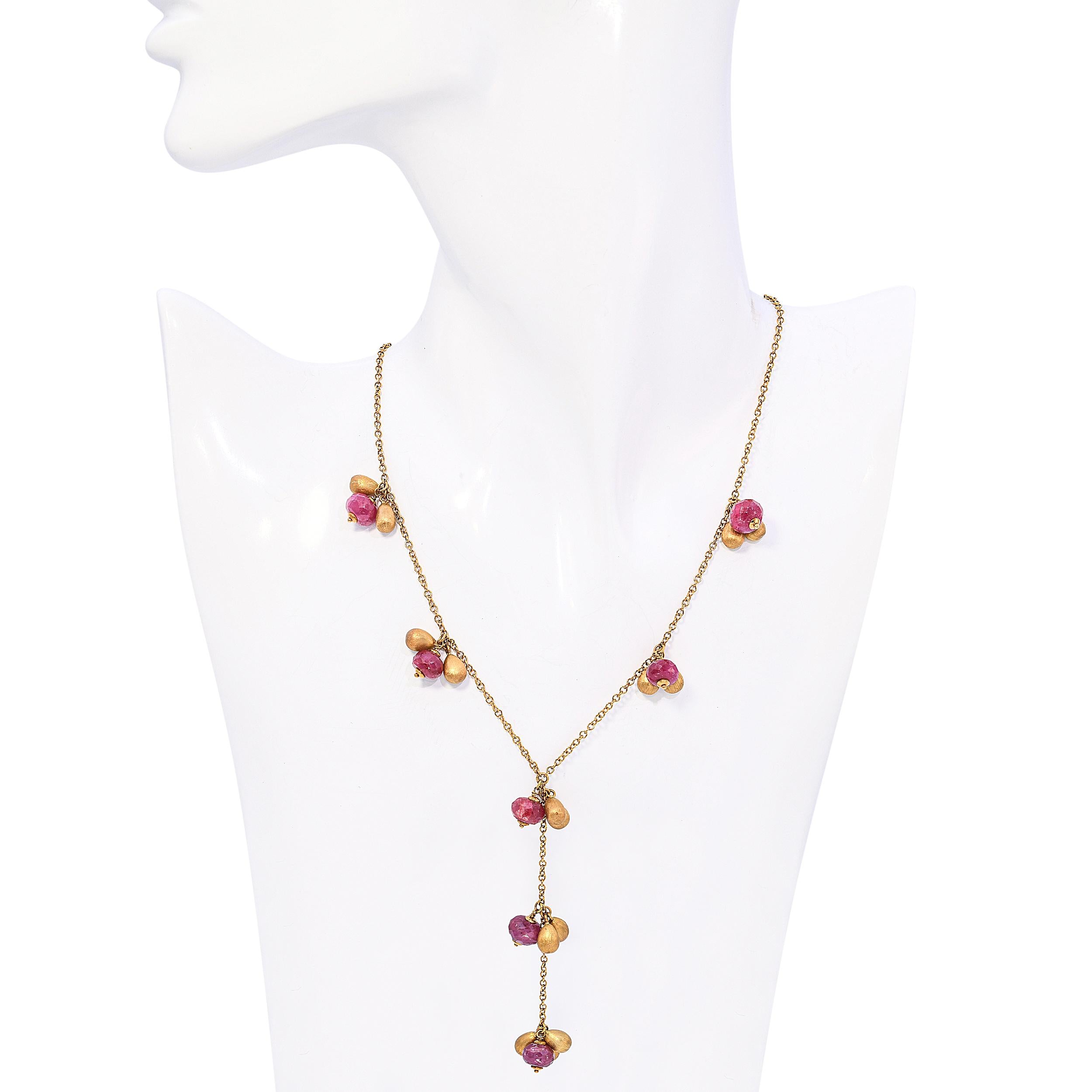 Italian 18k Yellow Gold Ruby and Gold Bead Drop Necklace