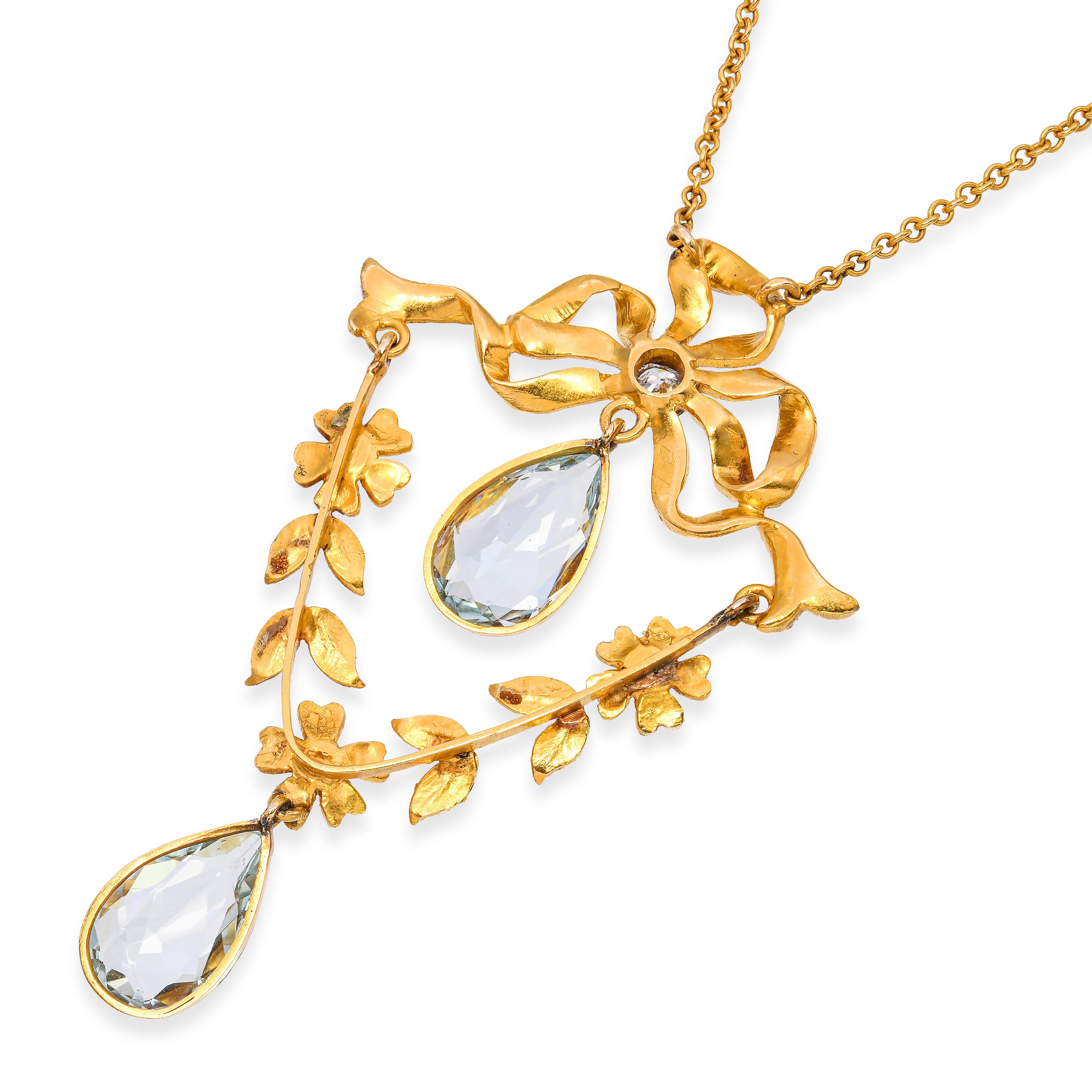 Antique Art Nouveau 14k Yellow Gold Topaz Pearl and Diamond Bow Detail Necklace