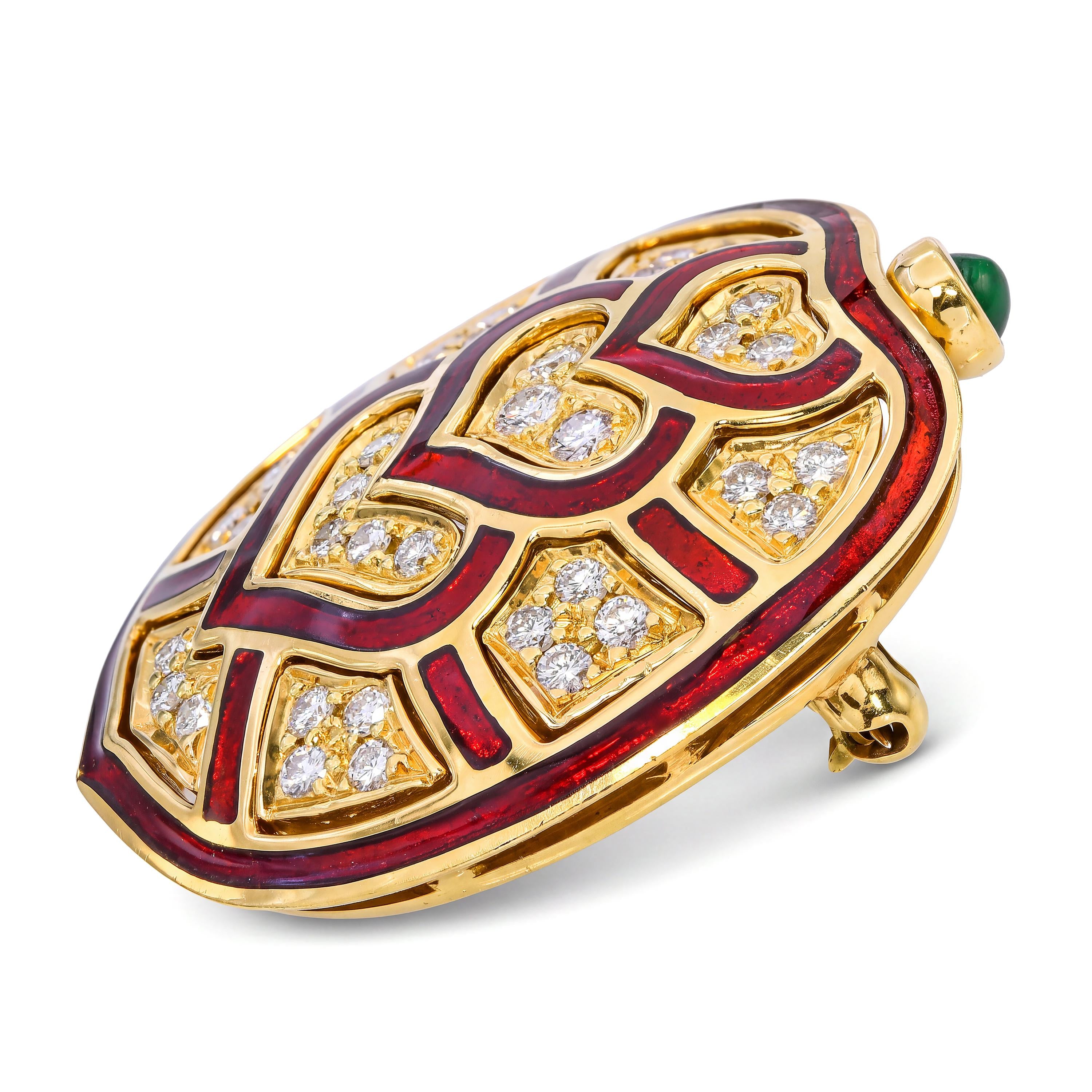 Judith Leiber 18k Yellow Gold Red Enamel and Diamond Turtle Brooch