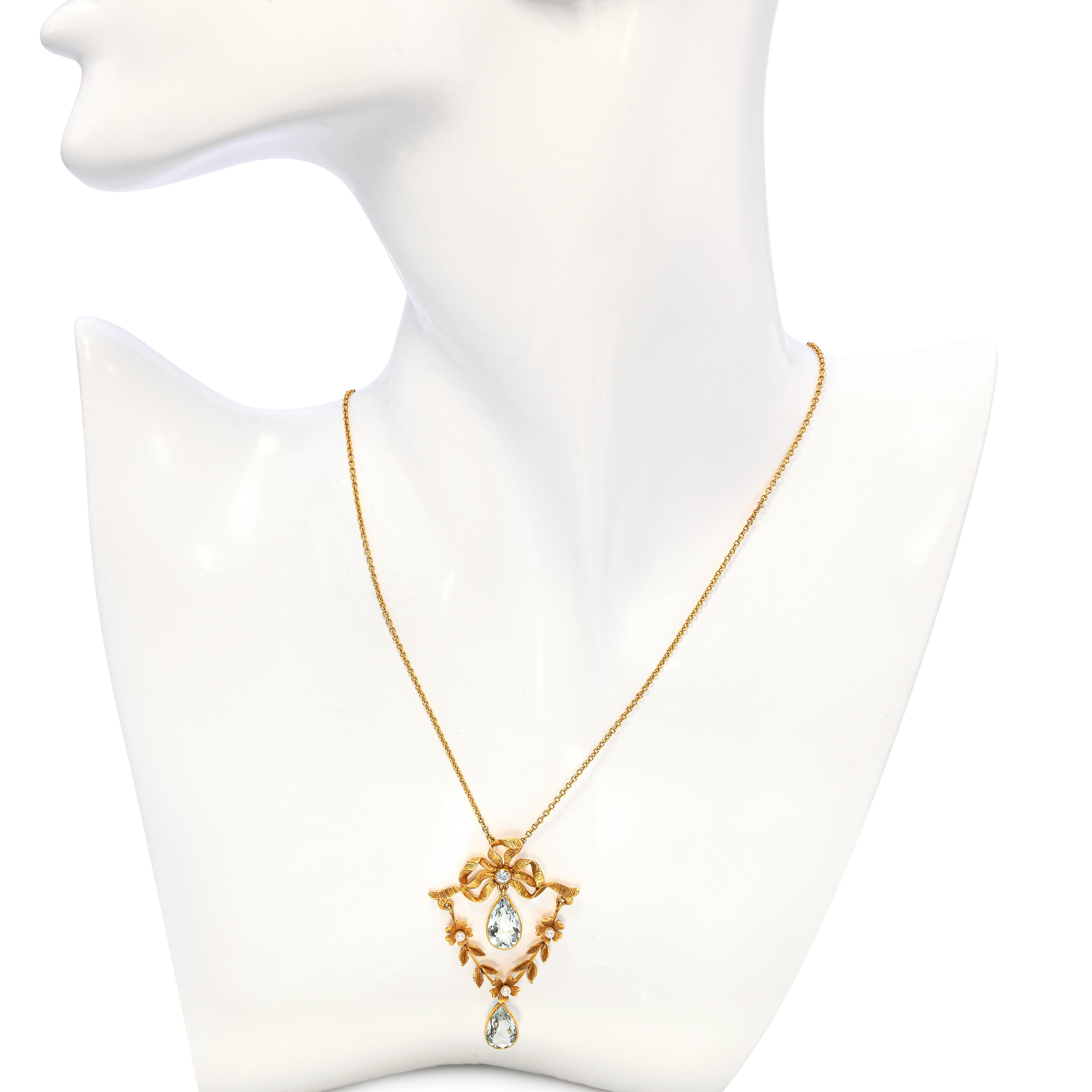 Antique Art Nouveau 14k Yellow Gold Topaz Pearl and Diamond Bow Detail Necklace
