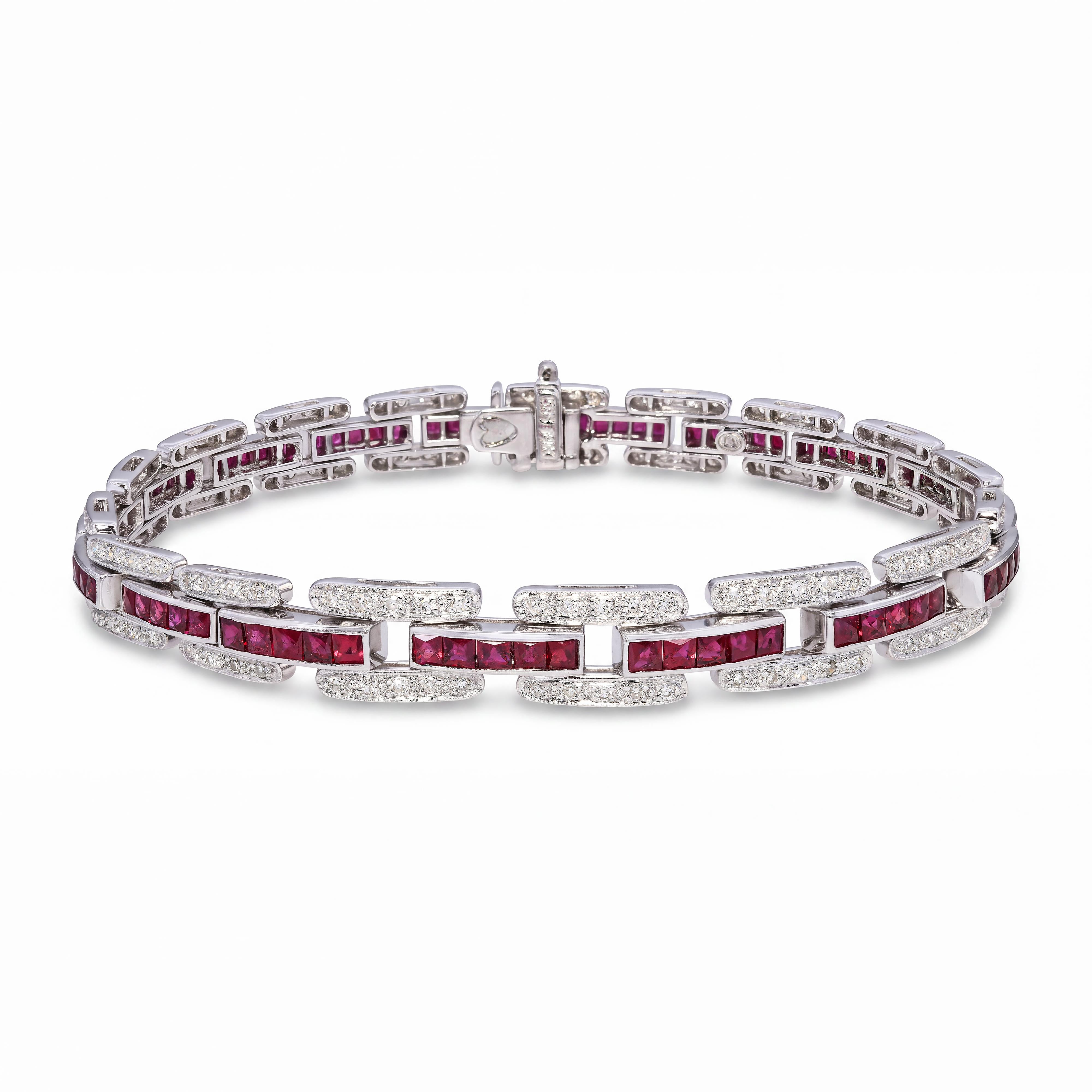 Vintage 14k White Gold Diamond and French Cut Ruby Bracelet