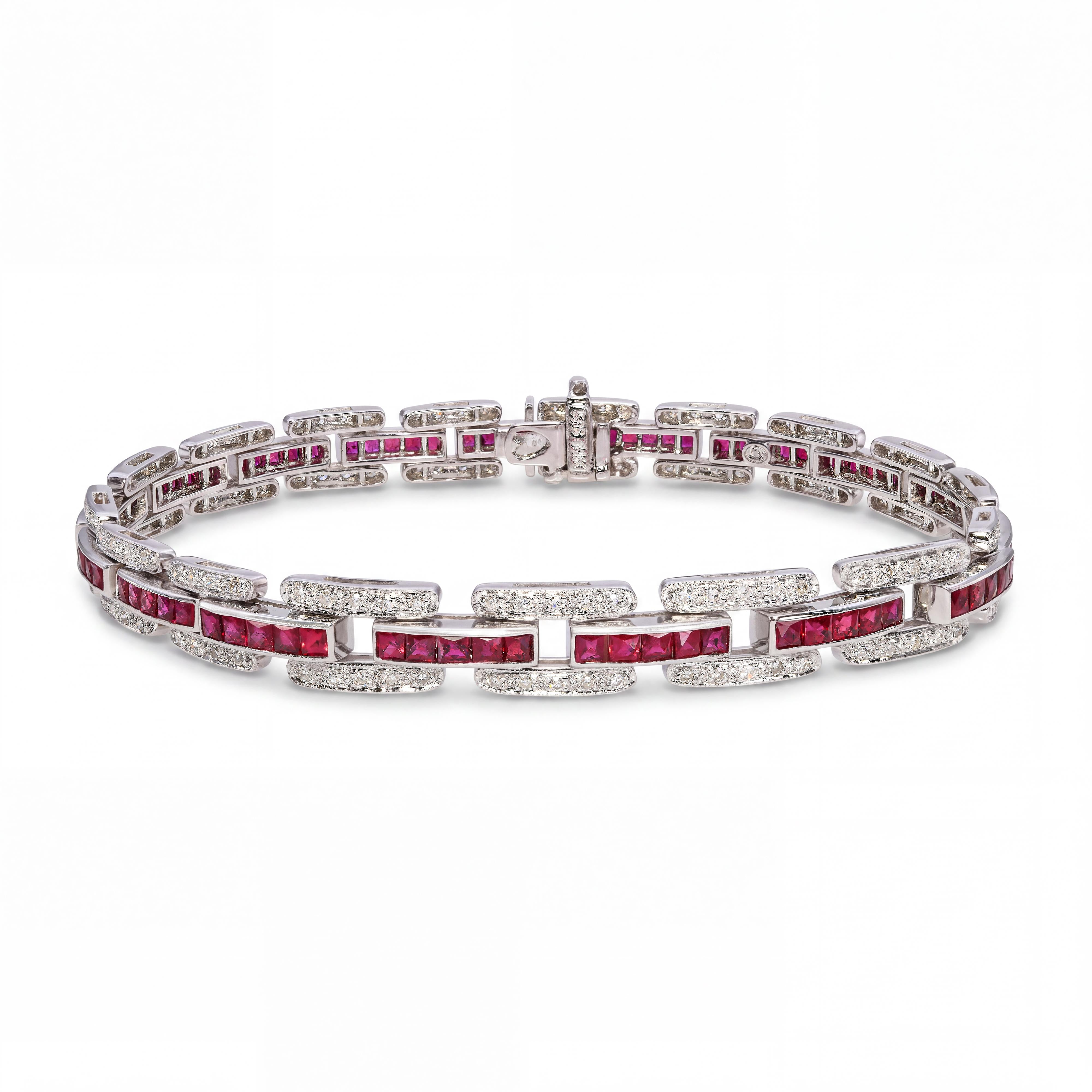 Vintage 14k White Gold Diamond and French Cut Ruby Bracelet