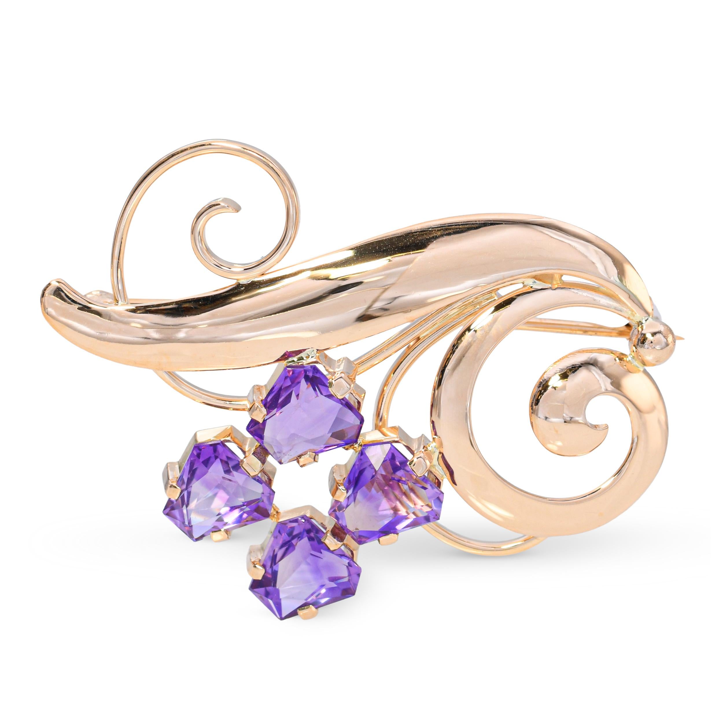 Vintage Tiffany & Co. 14k Yellow Gold Amethyst Free Form Floral Brooch