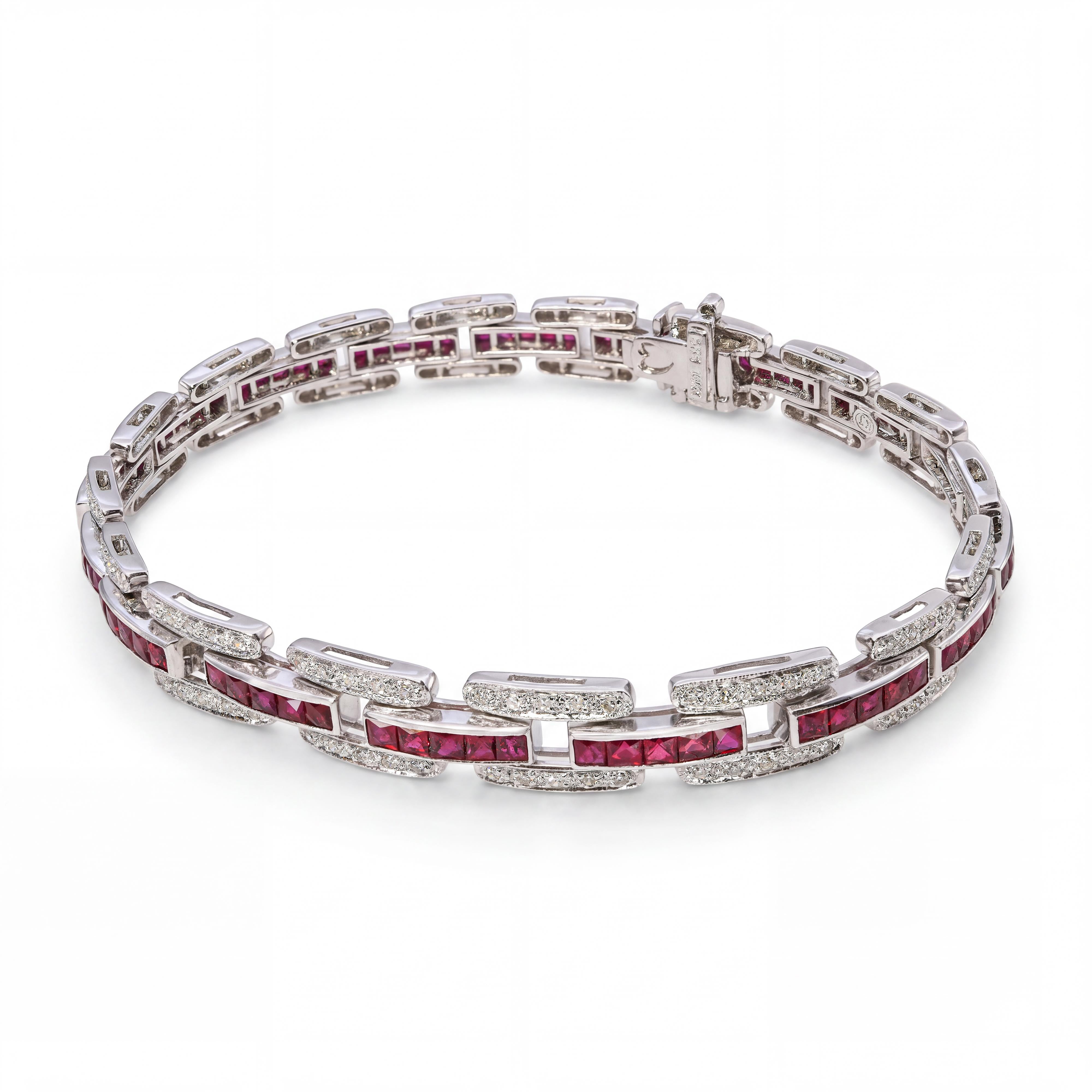 Vintage 14k White Gold Diamond and French Cut Ruby Bracelet