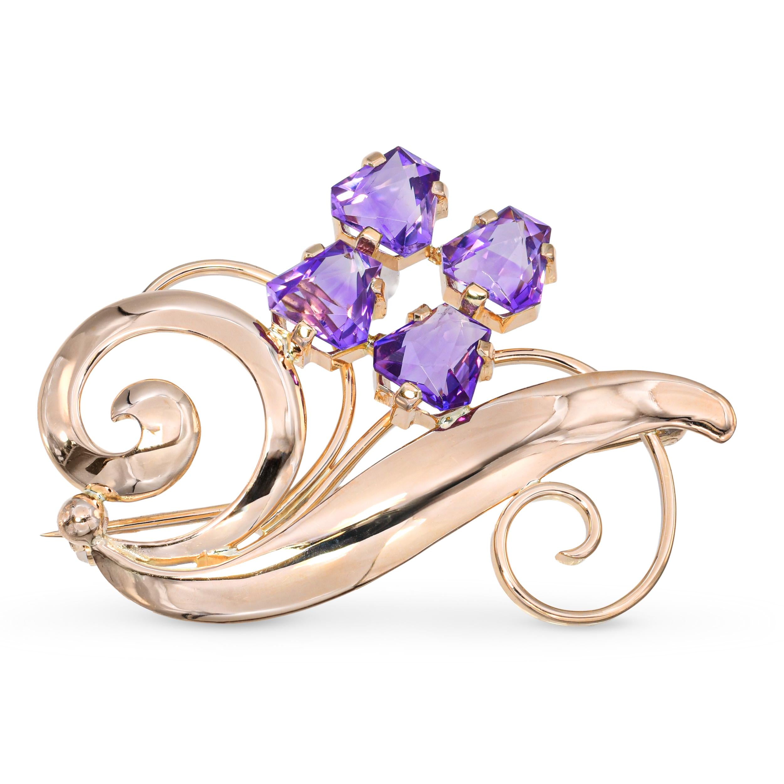 Vintage Tiffany & Co. 14k Yellow Gold Amethyst Free Form Floral Brooch