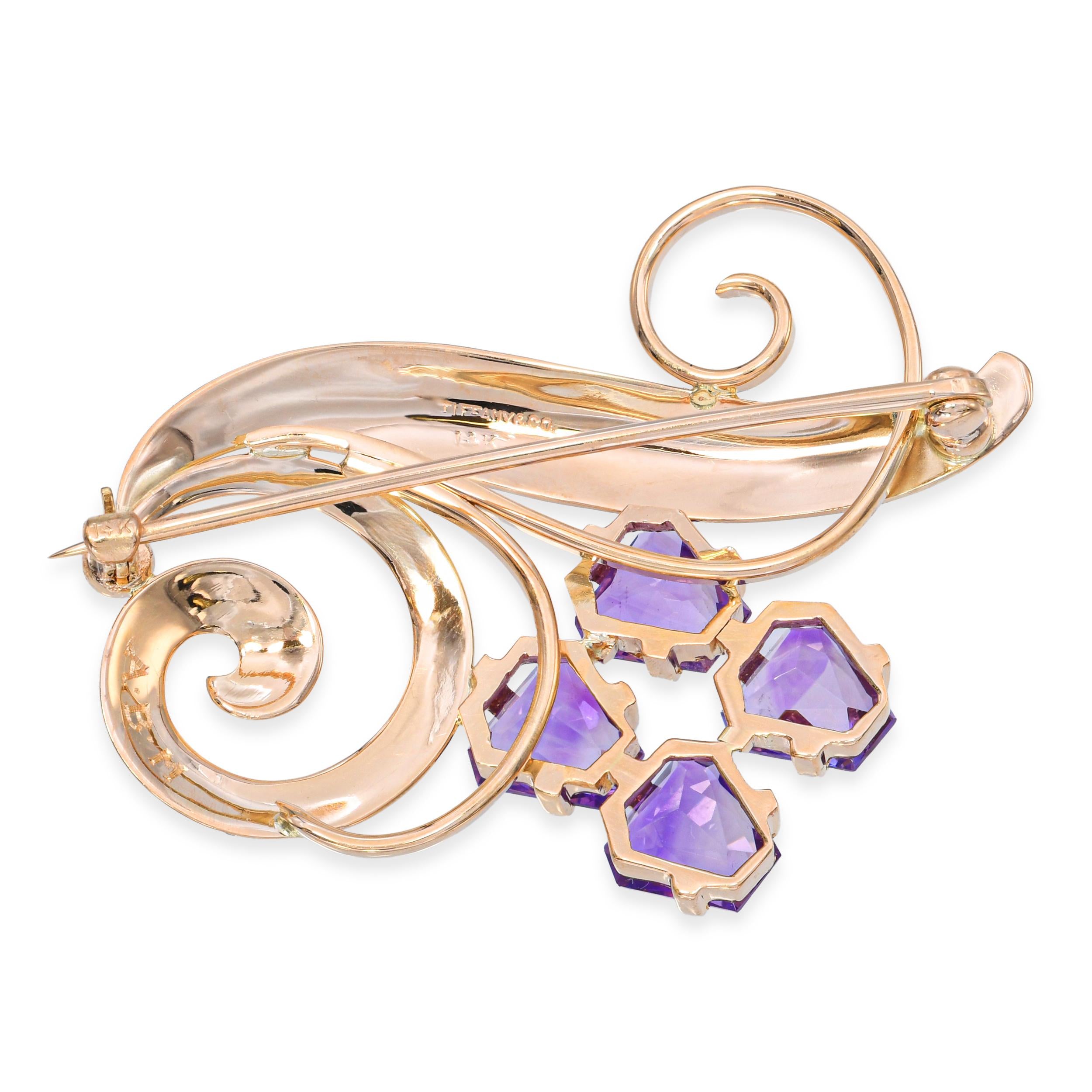 Vintage Tiffany & Co. 14k Yellow Gold Amethyst Free Form Floral Brooch