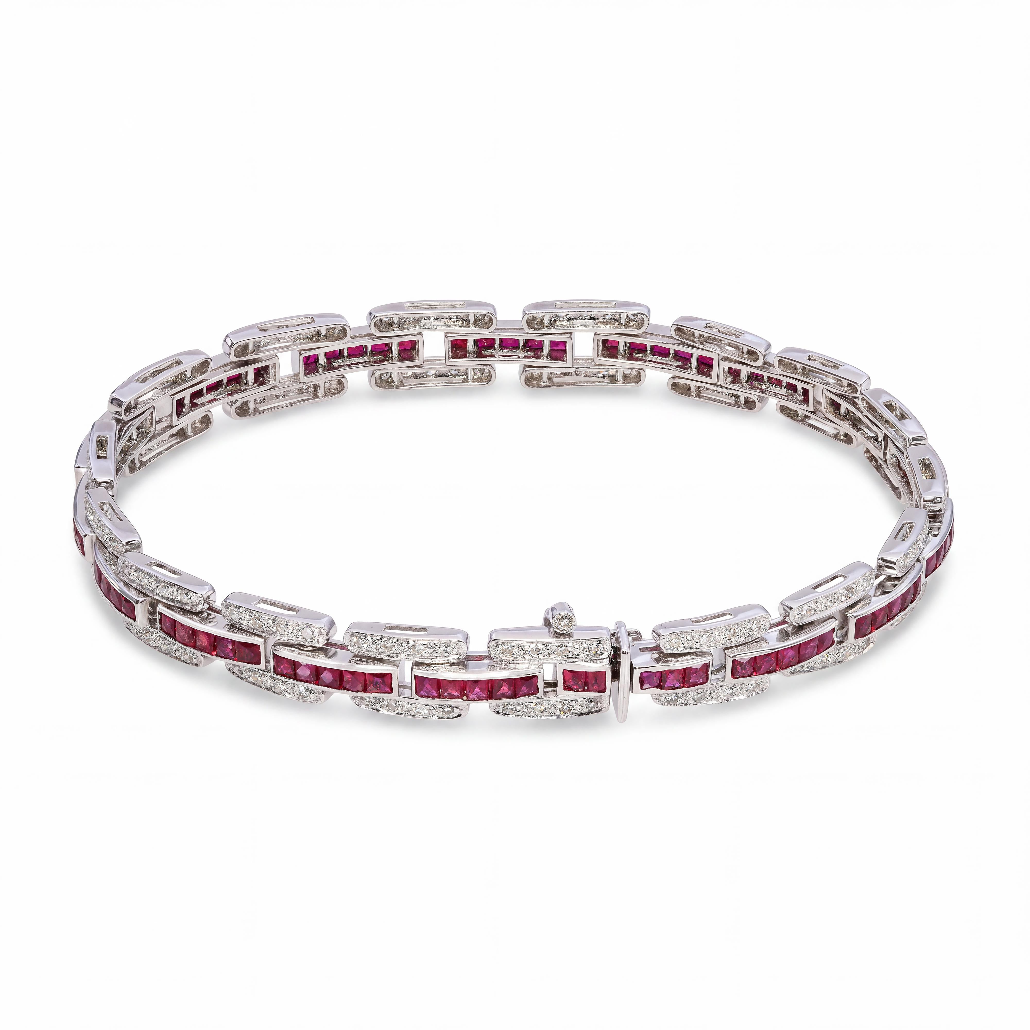 Vintage 14k White Gold Diamond and French Cut Ruby Bracelet
