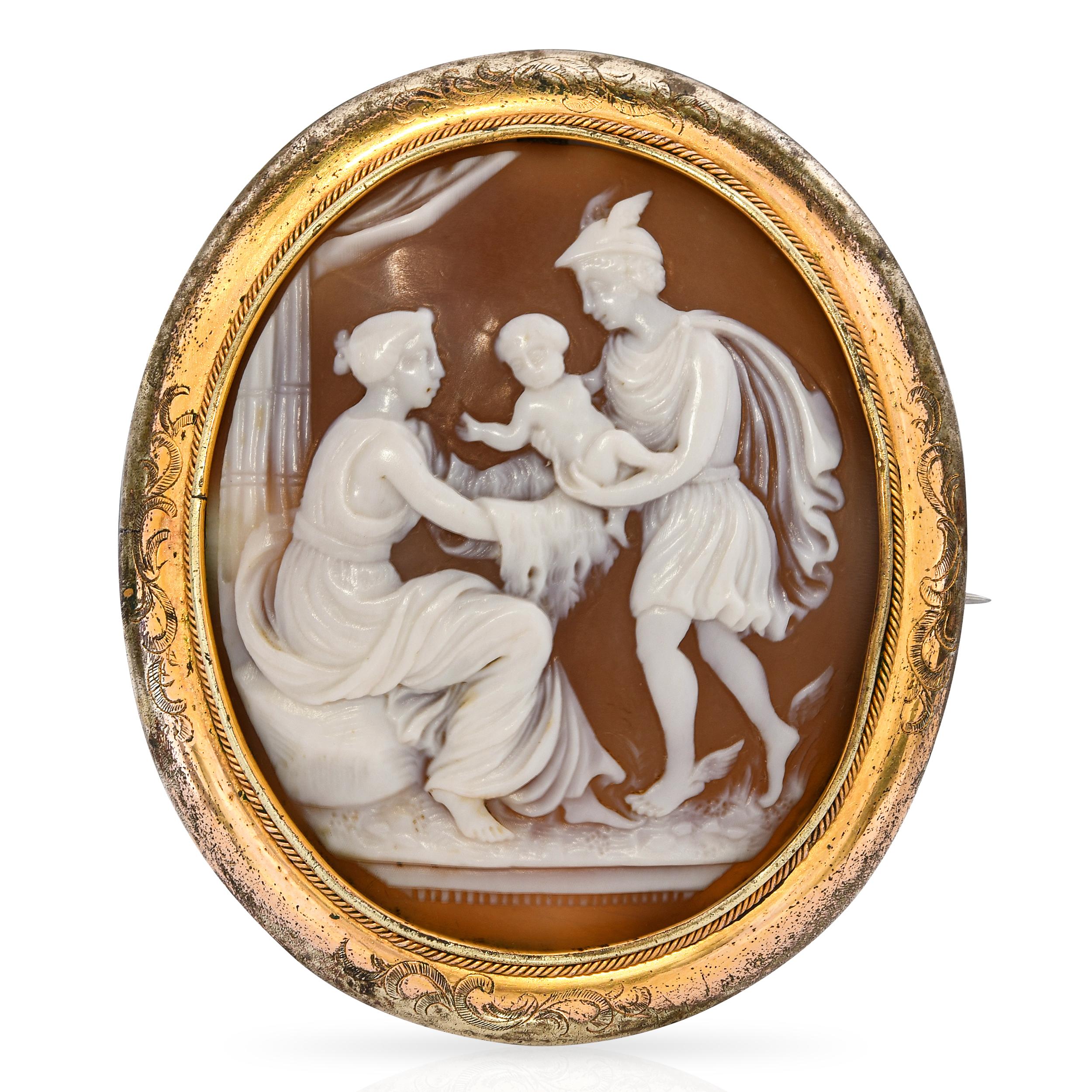 Antique Mercury Presenting an Infant Shell Cameo Brooch