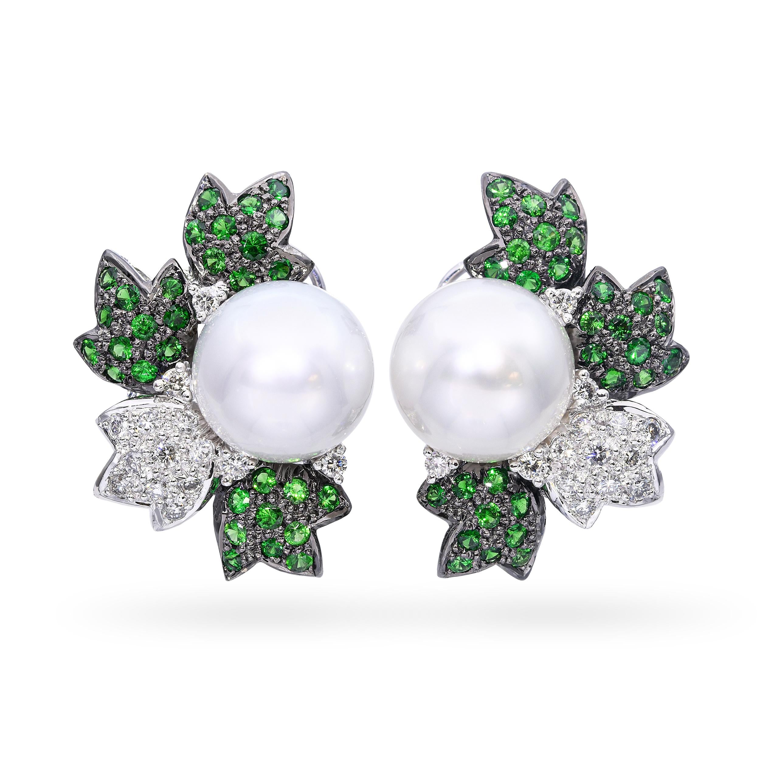 18k Black Rhodium White Gold South Sea Pearl Tsavorite and Diamond Earrings