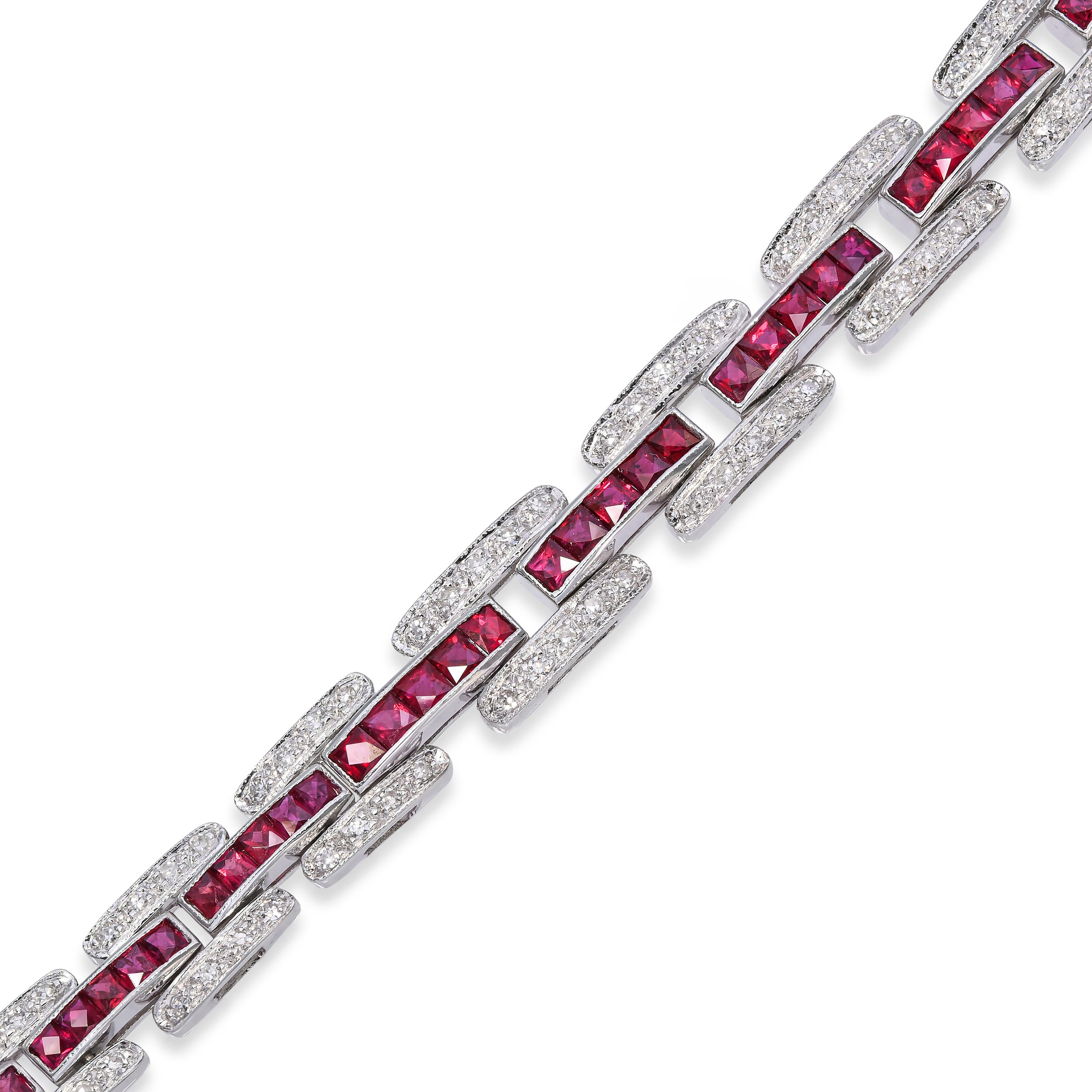 Vintage 14k White Gold Diamond and French Cut Ruby Bracelet