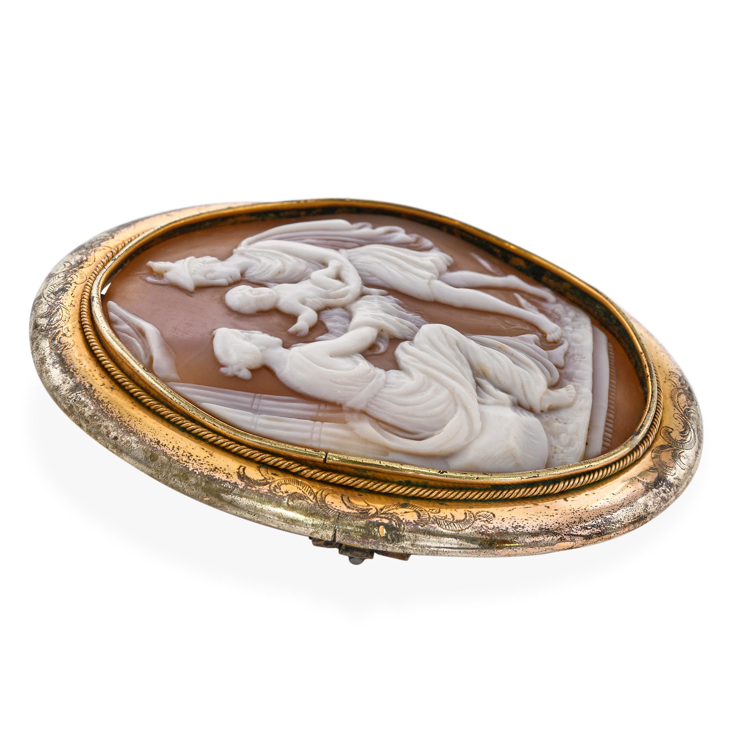 Antique Mercury Presenting an Infant Shell Cameo Brooch