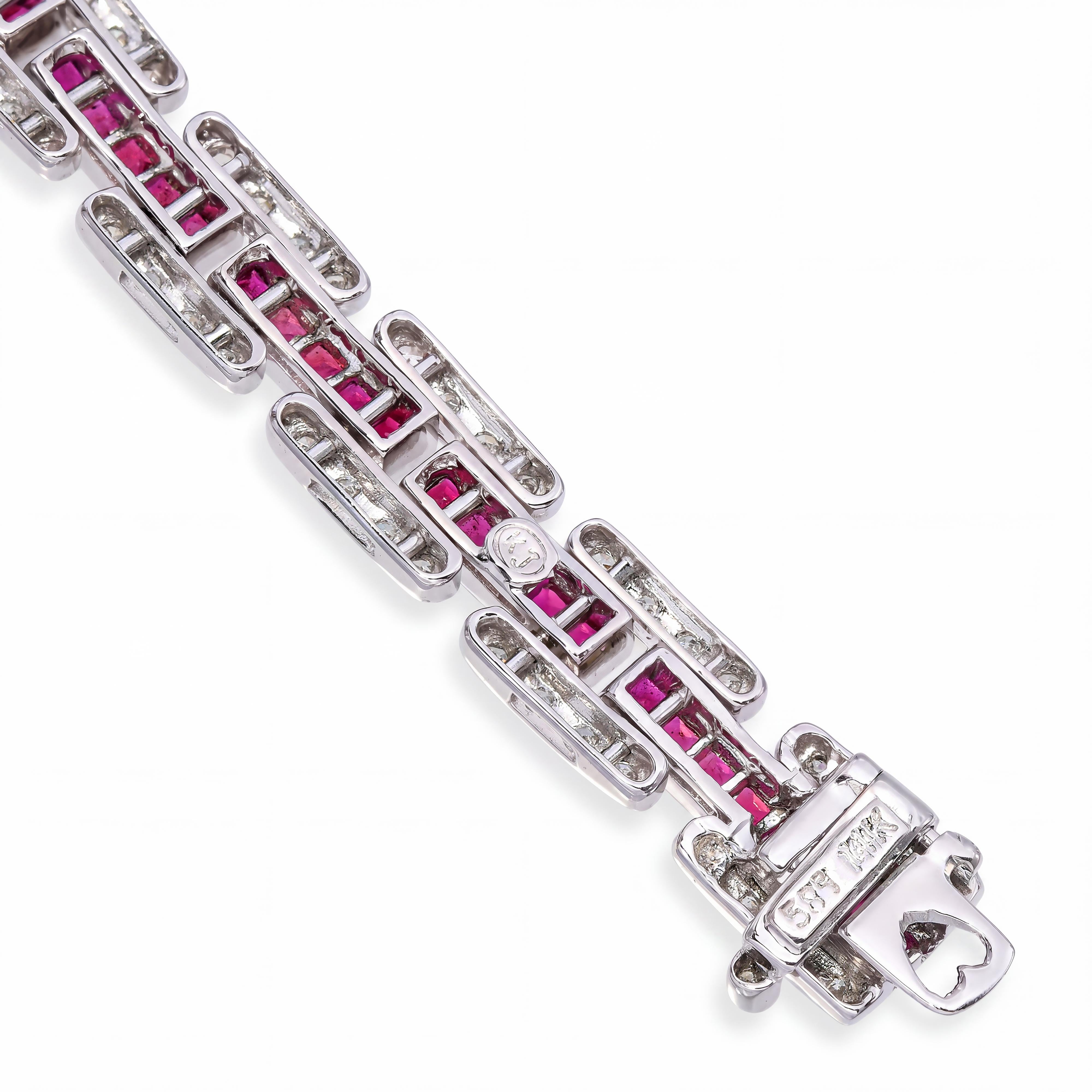 Vintage 14k White Gold Diamond and French Cut Ruby Bracelet