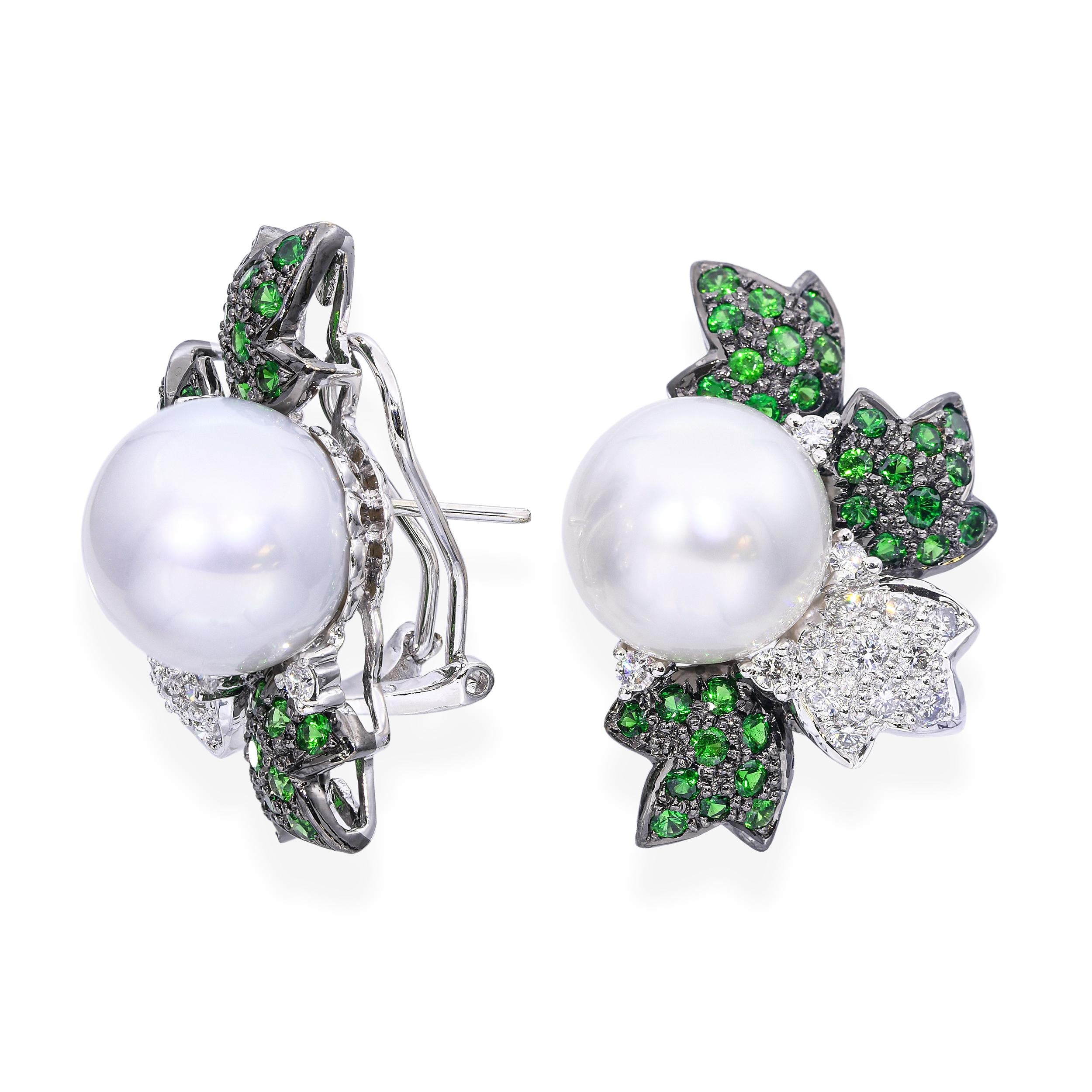 18k Black Rhodium White Gold South Sea Pearl Tsavorite and Diamond Earrings