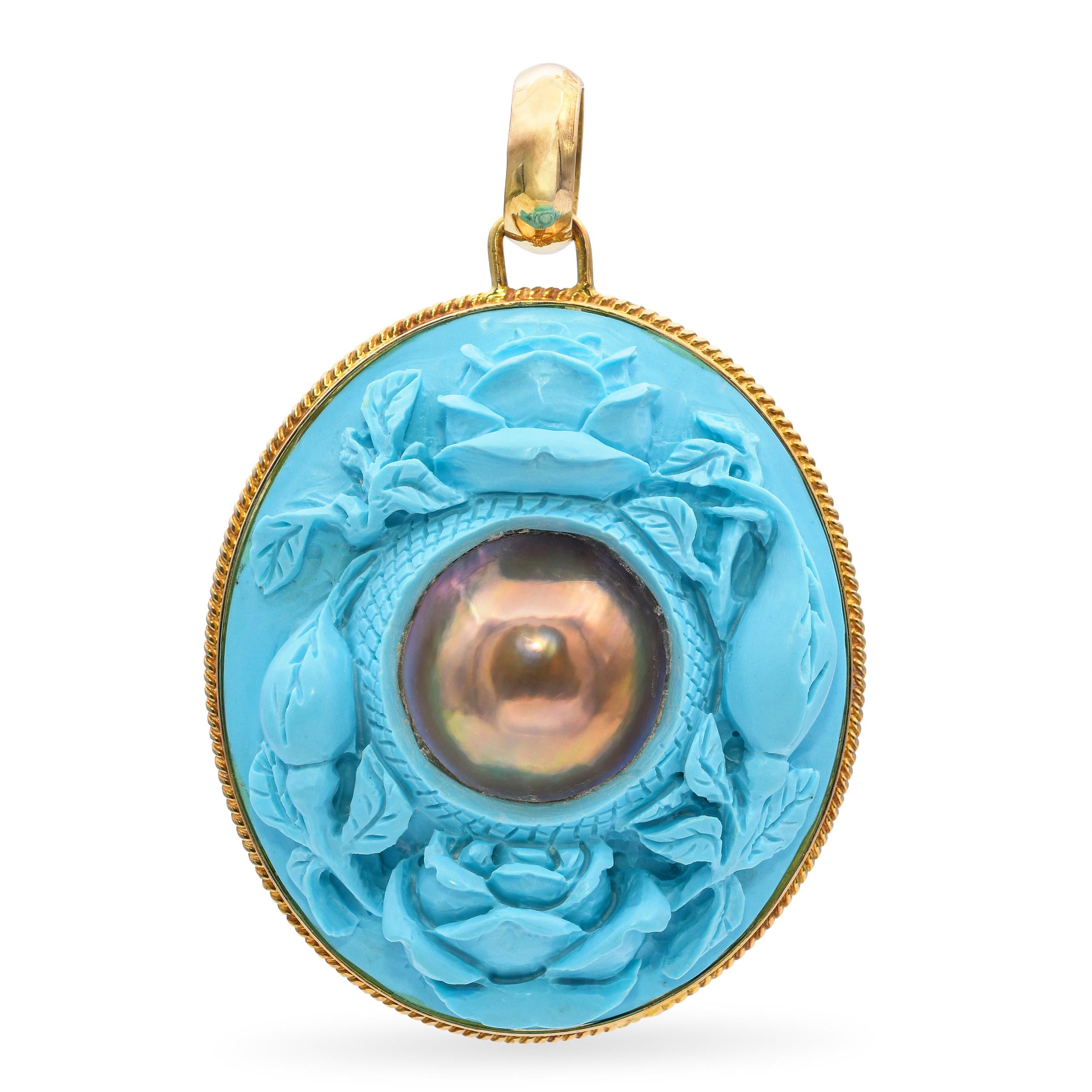 Vintage Yellow Gold Carved Roses Powdered Turquoise and Mabe Peal Pendant