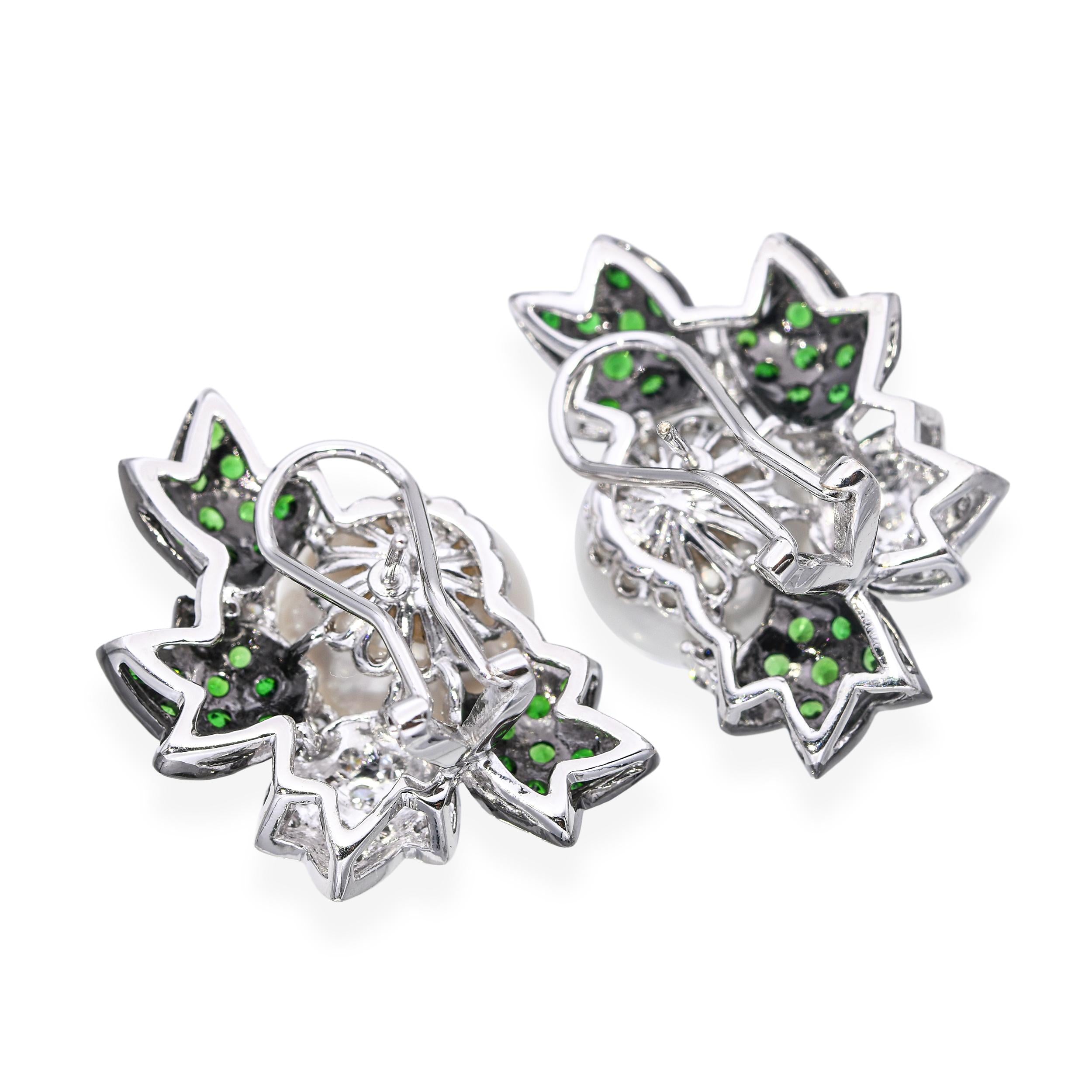 18k Black Rhodium White Gold South Sea Pearl Tsavorite and Diamond Earrings