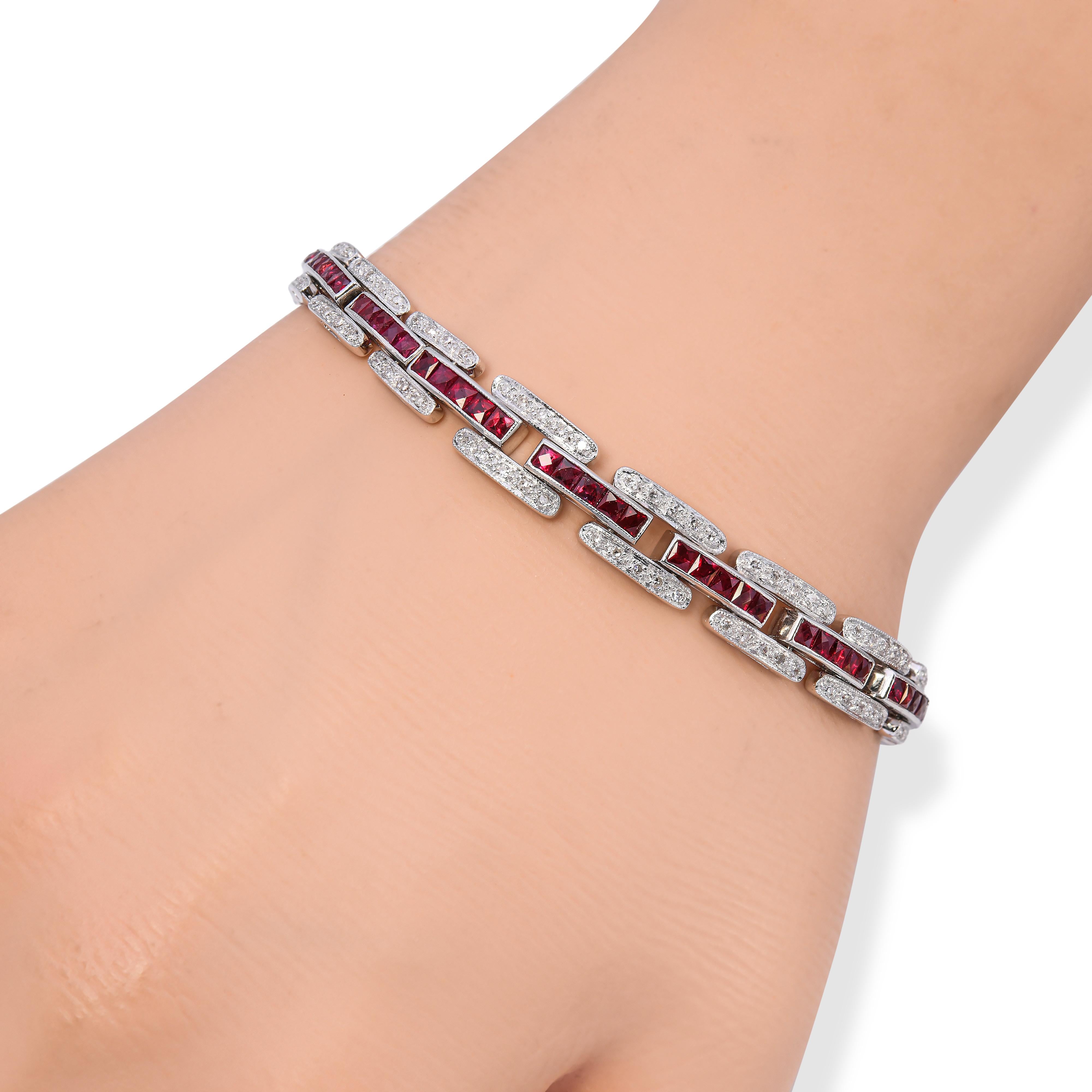Vintage 14k White Gold Diamond and French Cut Ruby Bracelet