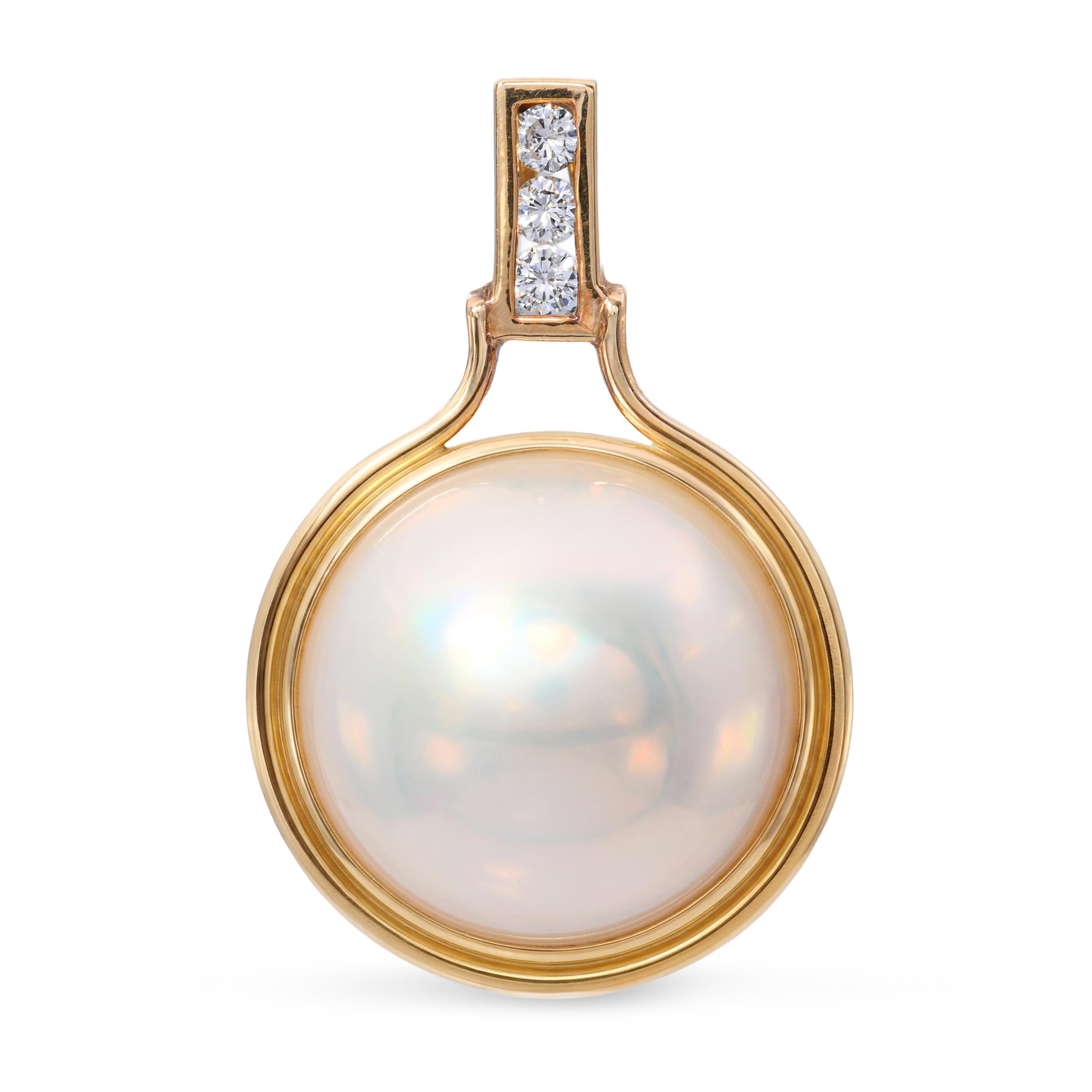 Vintage 14k Yellow Gold Mabe Pearl and Diamond Pendant