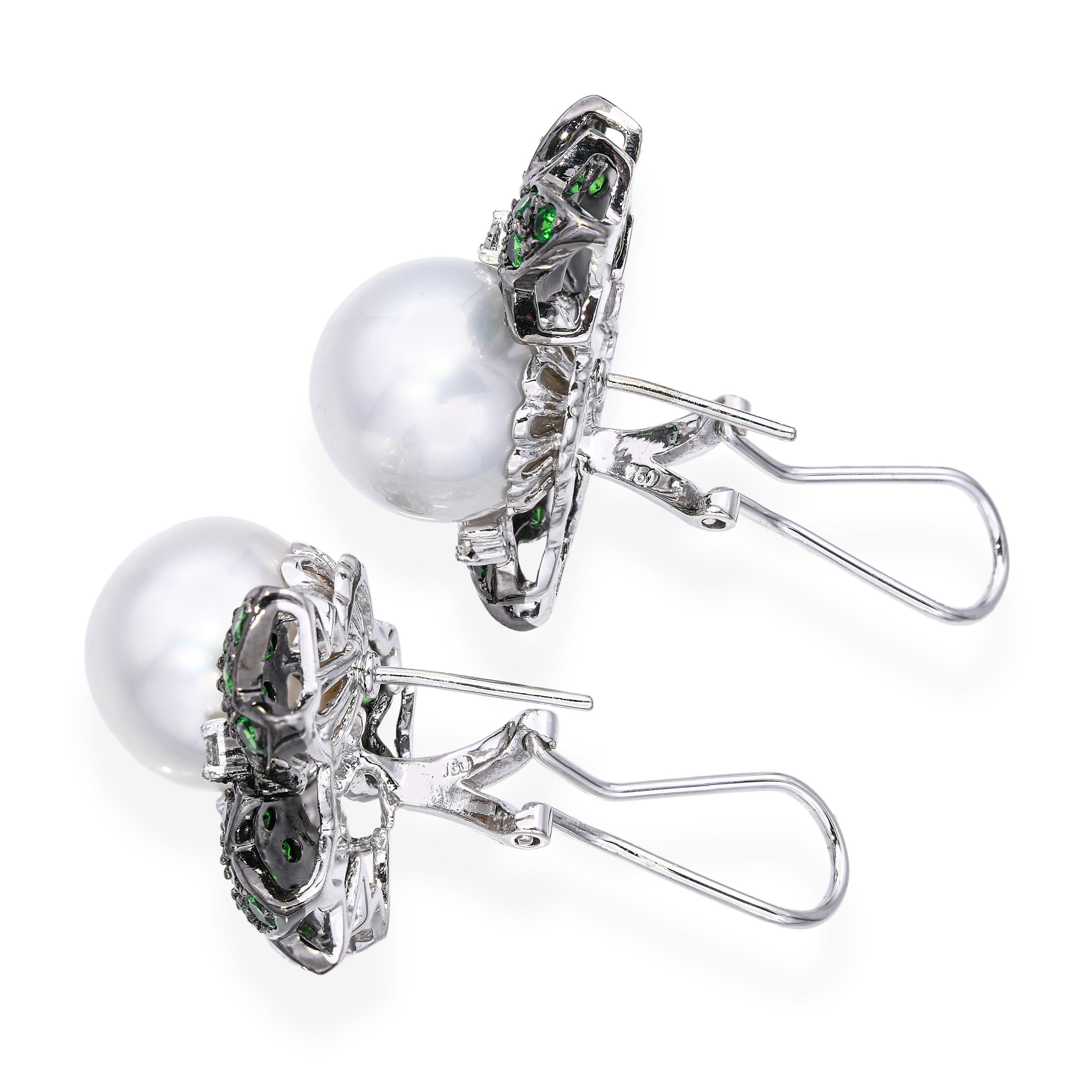 18k Black Rhodium White Gold South Sea Pearl Tsavorite and Diamond Earrings