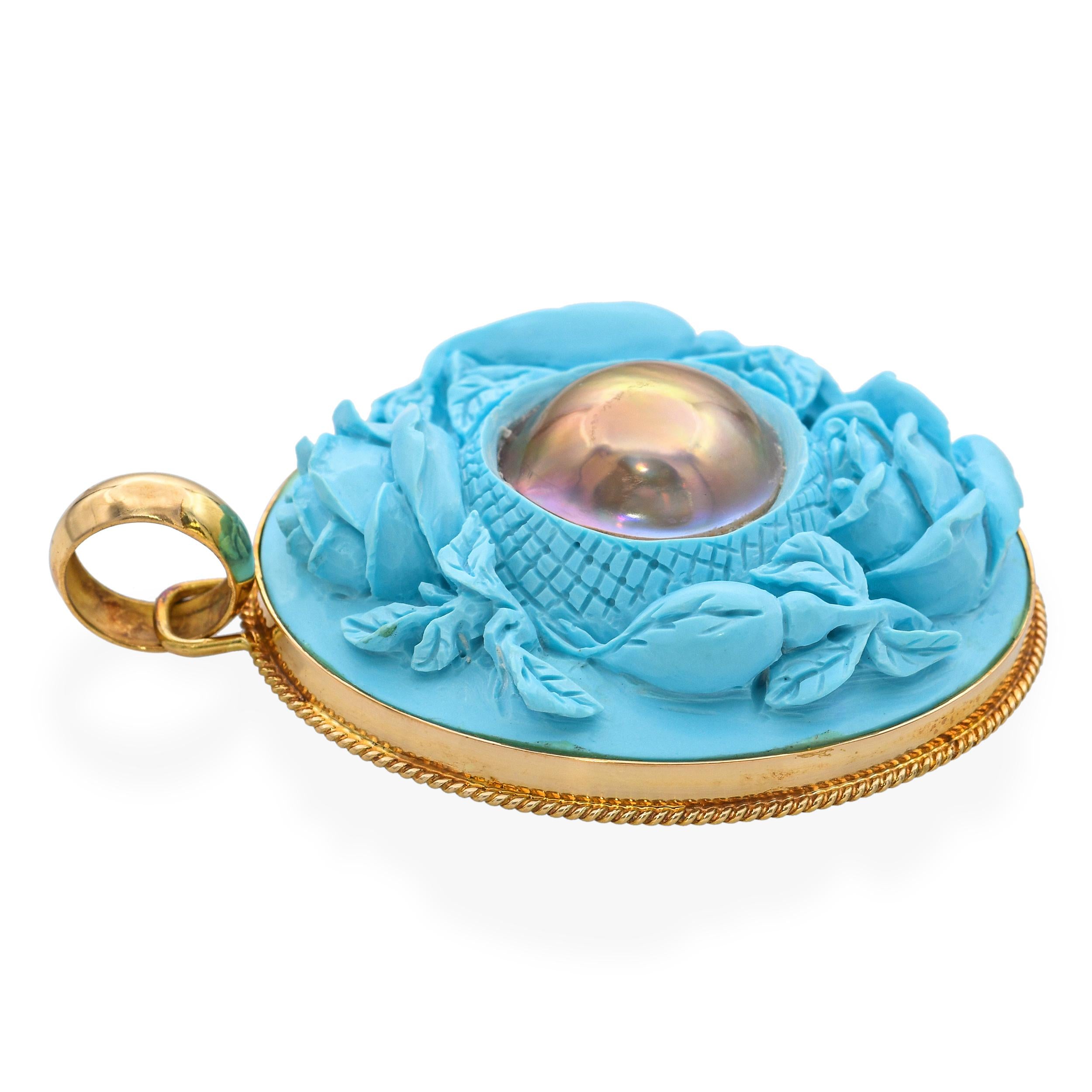 Vintage Yellow Gold Carved Roses Powdered Turquoise and Mabe Peal Pendant