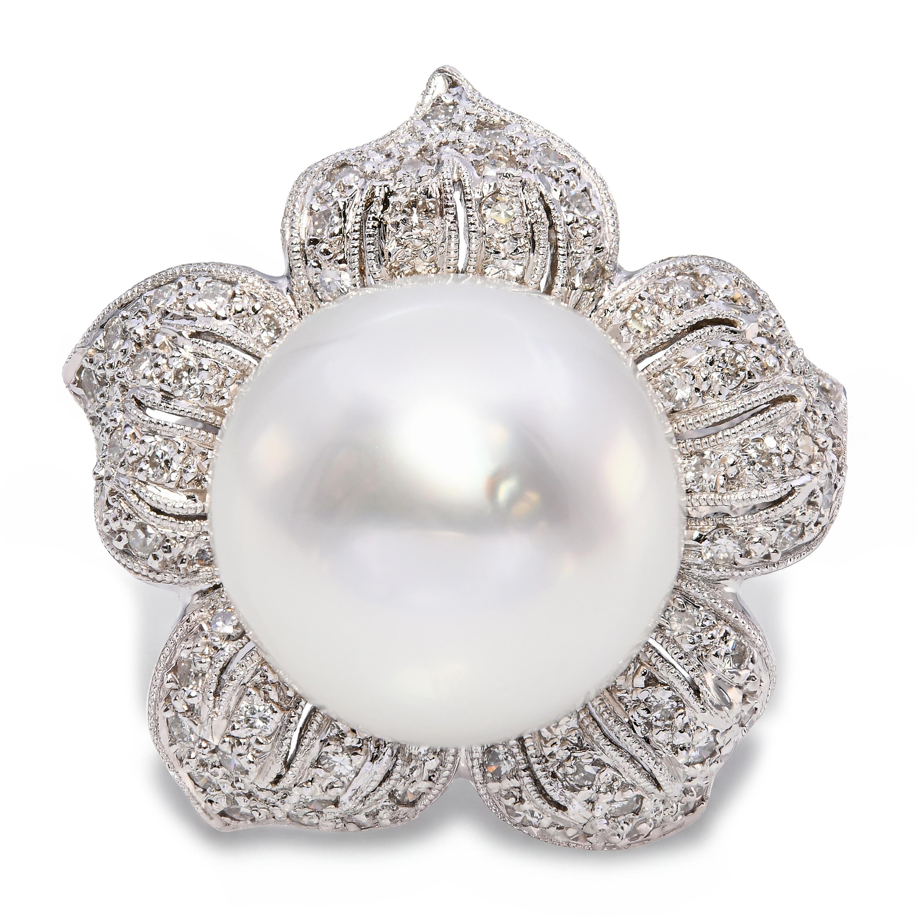 Platinum South Sea Pearl and Diamond Flower Statement Ring