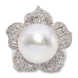 Platinum South Sea Pearl and Diamond Flower Statement Ring